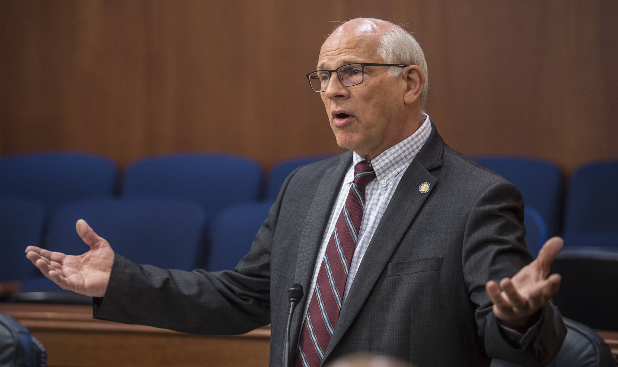 Sen. John Coghill, R-North Pole, debates to limit the funding of the Alaska Permanent Fund dividend through SB 1002 at the Capitol on Tuesday, June 4, 2019. The bill failed to pass. (Michael Penn | Juneau Empire)
