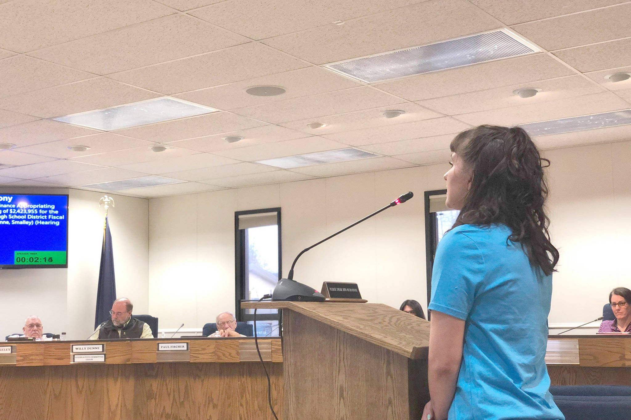 First-year Chapman School teacher Malia Larson speaks to the Kenai Peninsula Borough Assembly in support of an ordinance that will appropriate around $2.4 million to the school district in hopes of retaining some non-tenured teachers for the next school year, in Soldotna, Alaska, on Tuesday, April 2, 2019. (Photo by Victoria Petersen/Peninsula Clarion)