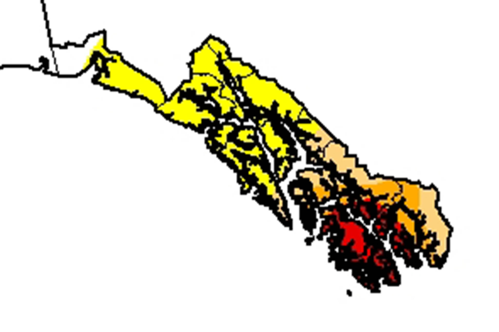 This map shows the varying levels of drought in Southeast Alaska, as of the week of June 6, 2019.The red portion of the map indicates extreme drought, dark orange indicates severe drought, light orange indicates moderate drought and yellow indicates abnormally dry conditions. (Courtesy Photo | U.S. Drought Monitor)