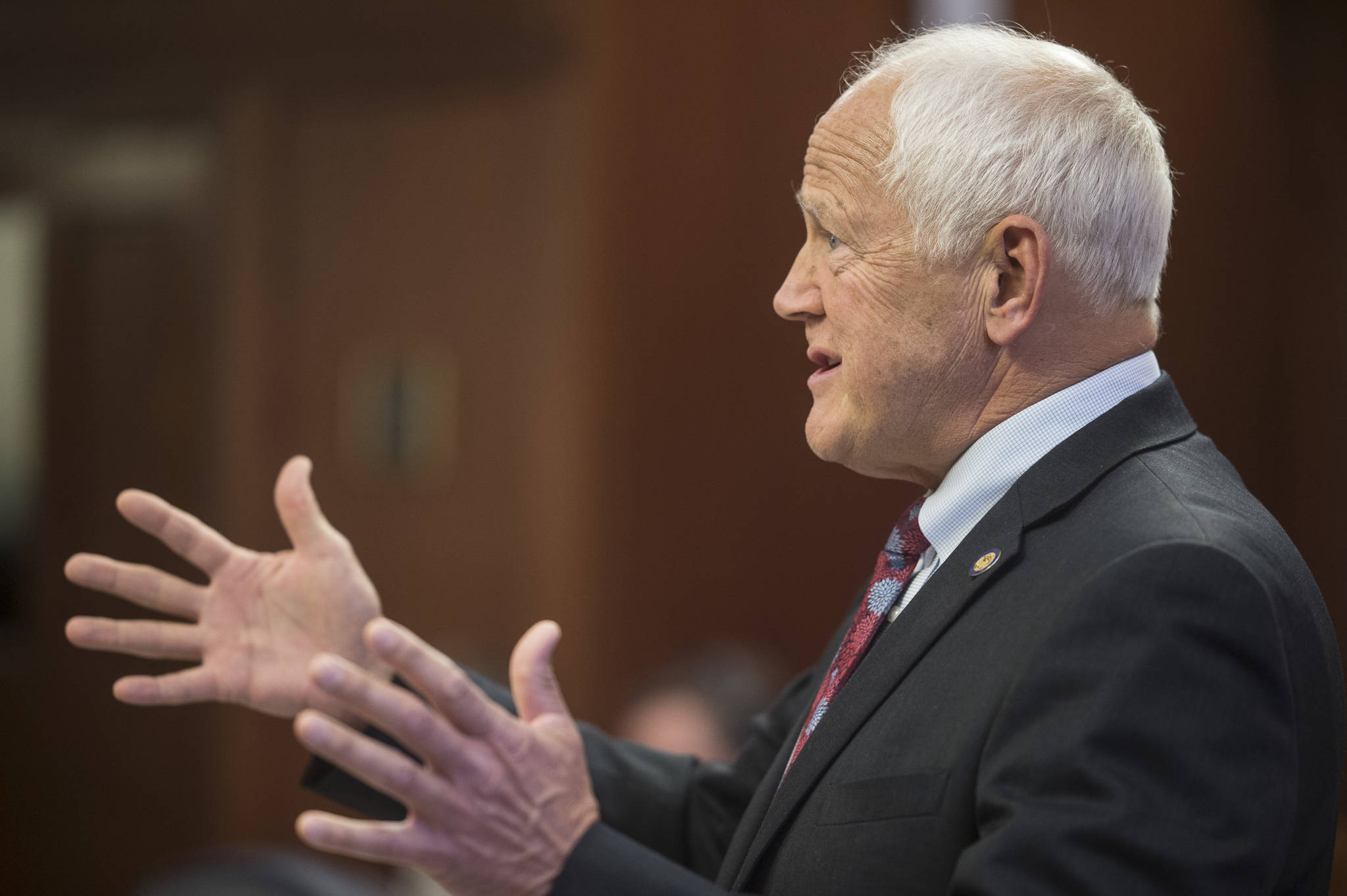 Sen. Chris Birch, R-Anchorage, speaks in favor of a resolution to have a combined House/Senate committee to study a Permanent Fund Dividend solution at the Capitol on Monday, June 10, 2019. (Michael Penn | Juneau Empire)