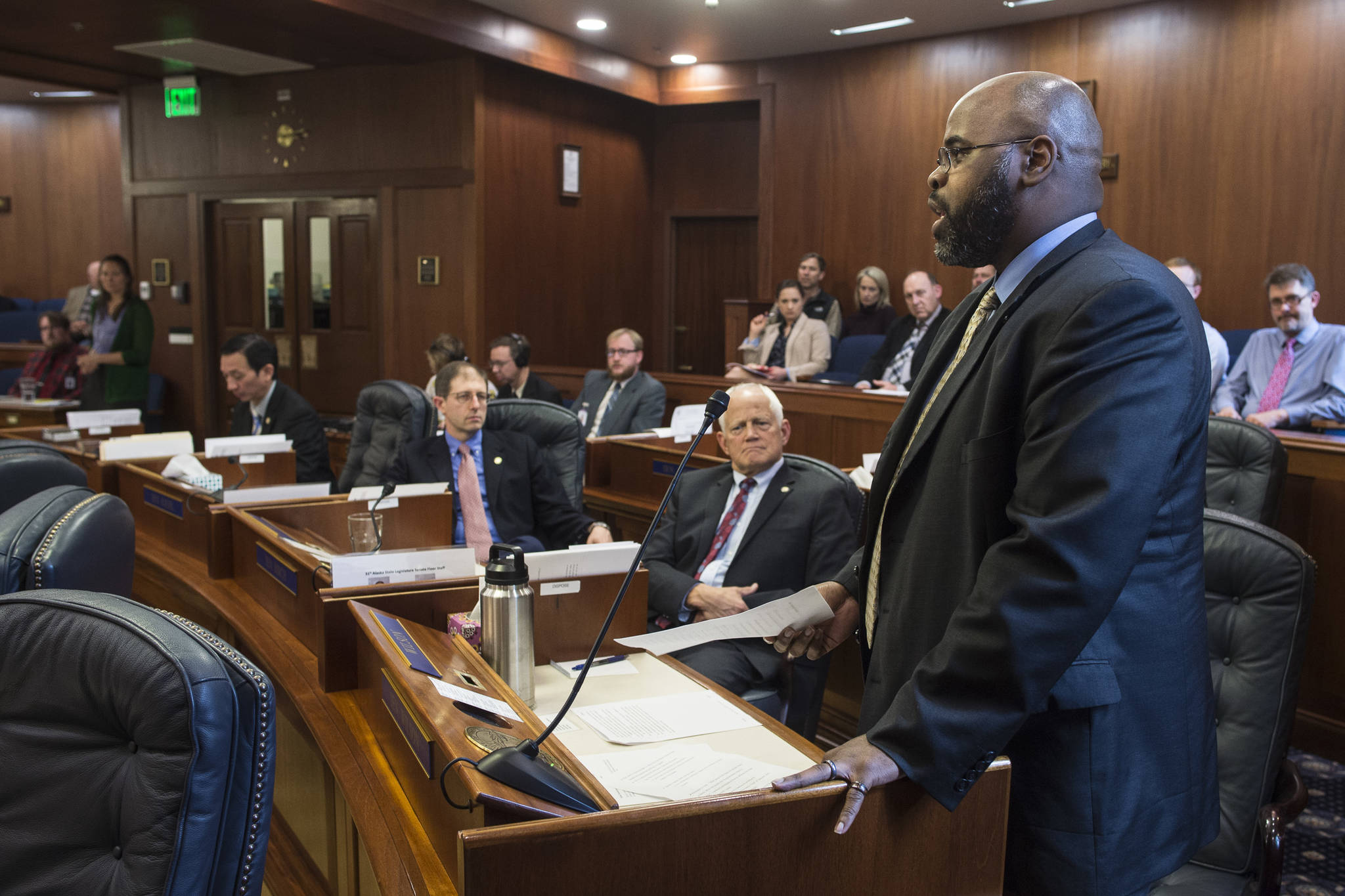 Sen. David Wilson, R-Wasilla, speaks against a resolution to have a combined House/Senate committee to study a Permanent Fund Dividend solution at the Capitol on Monday, June 10, 2019. (Michael Penn | Juneau Empire)