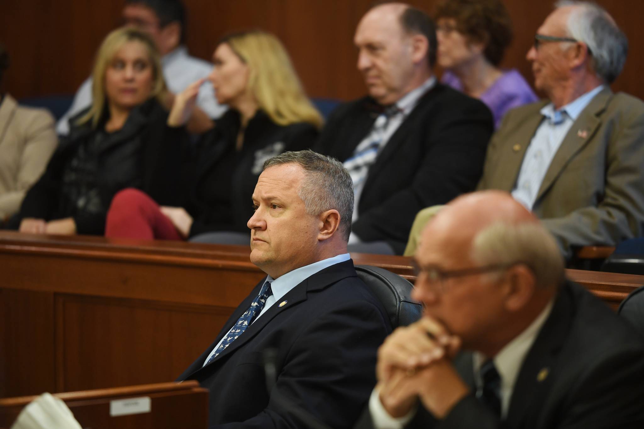 Sen. Mike Shower, R-Wasilla, watches the vote on the Permanent Fund Dividend on reconsideration on Monday, June 10, 2019. The vote failed 10-10. (Michael Penn | Juneau Empire)