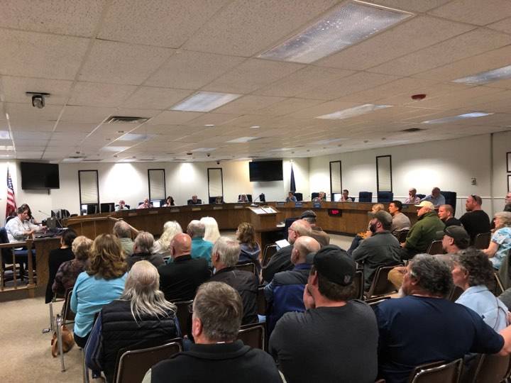 Residents filled the Kenai Peninsula Borough Betty J. Glick Assembly Chambers for a public hearing regarding a controversial gravel pit in Anchor Point at the Planning and Zoning Commission meeting, Monday, June 10, 2019, in Soldotna, Alaska. (Photo by Victoria Petersen/Peninsula Clarion)