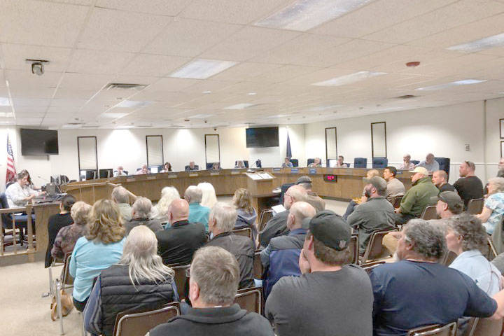 Residents filled the Kenai Peninsula Borough Betty J. Glick Assembly Chambers for a public hearing regarding a controversial gravel pit in Anchor Point at the Planning and Zoning Commission meeting, Monday, June 10, 2019, in Soldotna, Alaska. (Photo by Victoria Petersen/Peninsula Clarion)