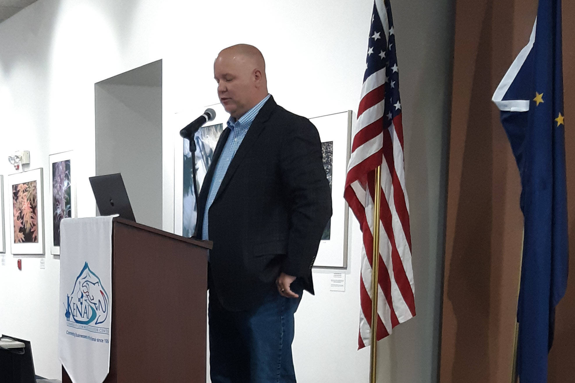 Rick Whitbeck, State Director for Power the Future, gives a presentation to the Joint Kenai/Soldotna Chambers of Commerce in Kenai, Alaska on Wednesday, June 5, 2019. (Photo by Brian Mazurek/Peninsula Clarion)