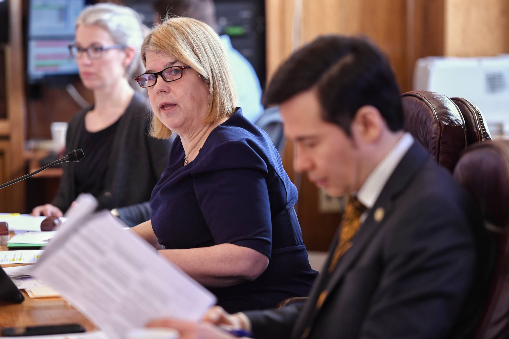 Rep. Tammie Wilson, R-North Pole, chairs the House Finance Committee with Rep. Neal Foster, D-Nome, right, as they work on House Bill 14 at the Capitol on Wednesday, April 24, 2019. (Michael Penn | Juneau Empire)
