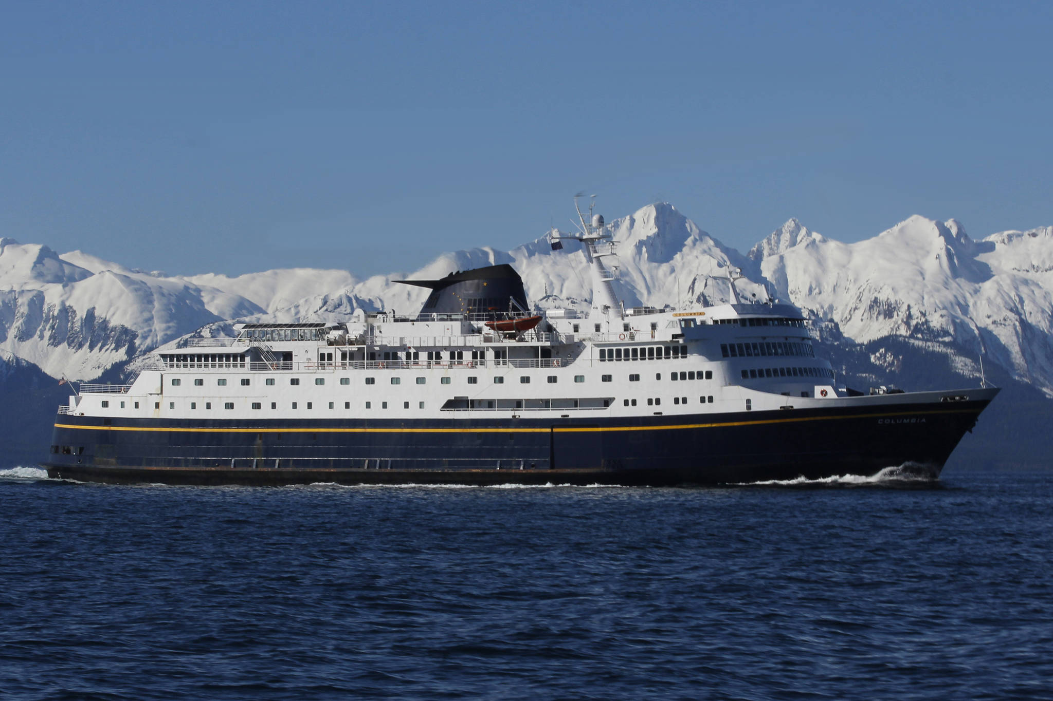 The ferry Columbia sails through Lynn Canal on April 29, 2019. (Alex McCarthy | Juneau Empire File)