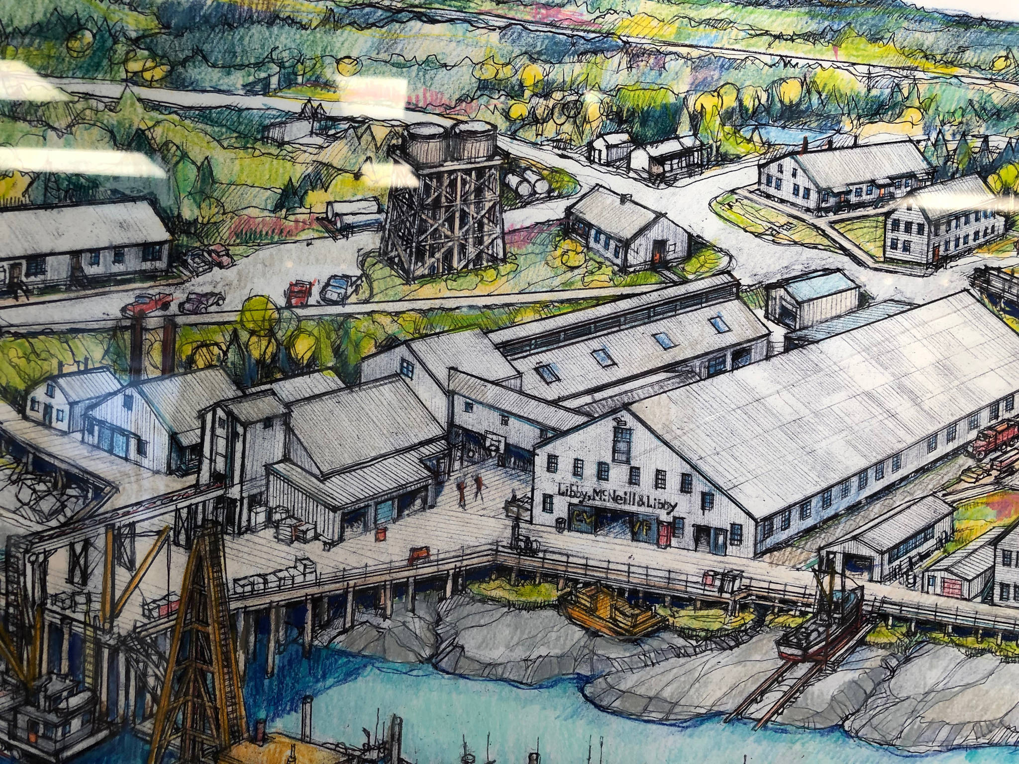 A detailed look at an illustration of old Kenai and the Columbia Ward Fisheries by Thor Evenson at the Kenai Fine Art Center Thursday, June 6, 2019, during the opening reception to the June exhibit Historic Buildings of Kenai. (Photo by Joey Klecka/Peninsula Clarion)