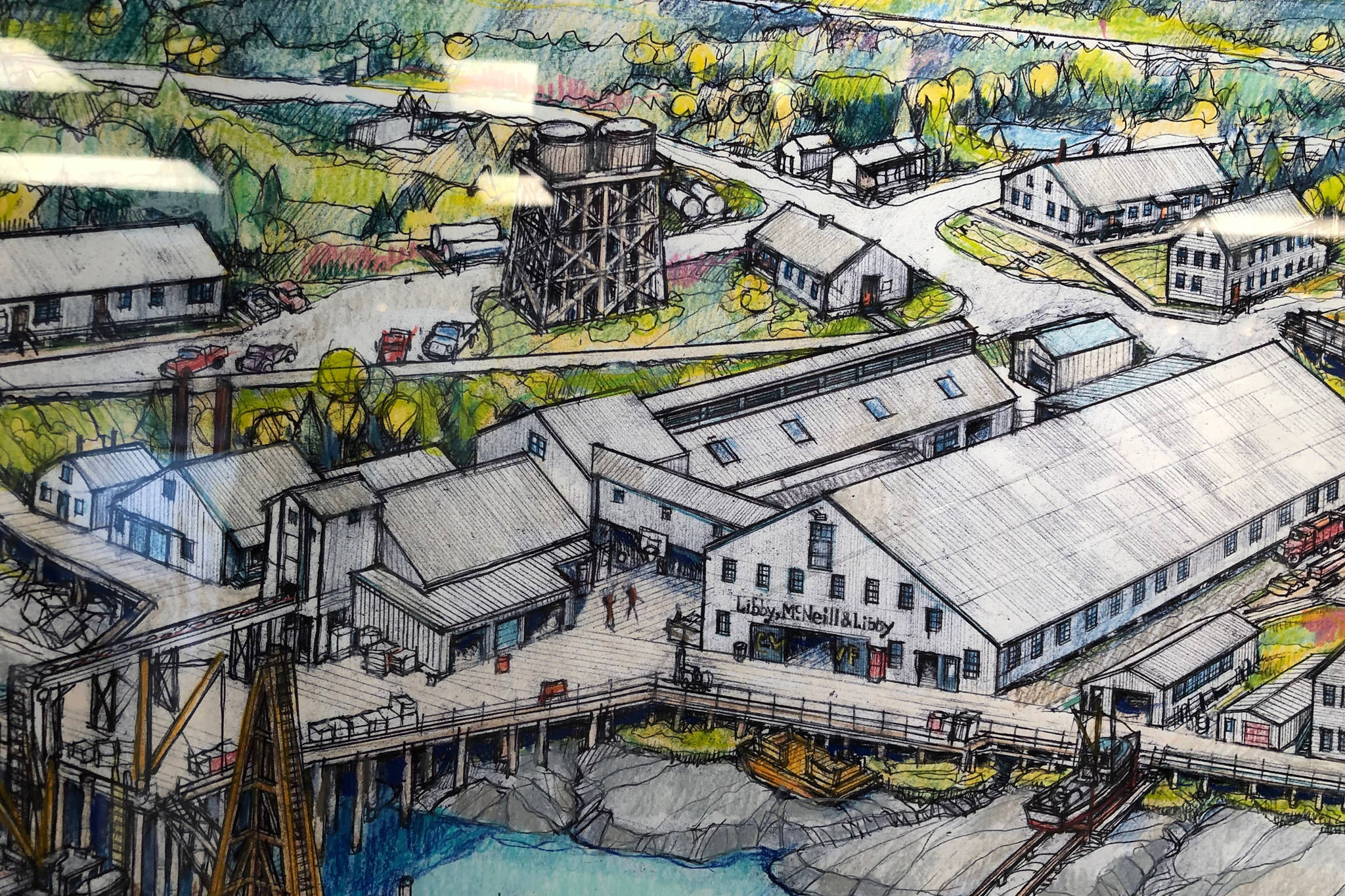 A detailed look at an illustration of old Kenai and the Columbia Ward Fisheries by Thor Evenson at the Kenai Fine Art Center Thursday, June 6, 2019, during the opening reception to the June exhibit Historic Buildings of Kenai. (Photo by Joey Klecka/Peninsula Clarion)