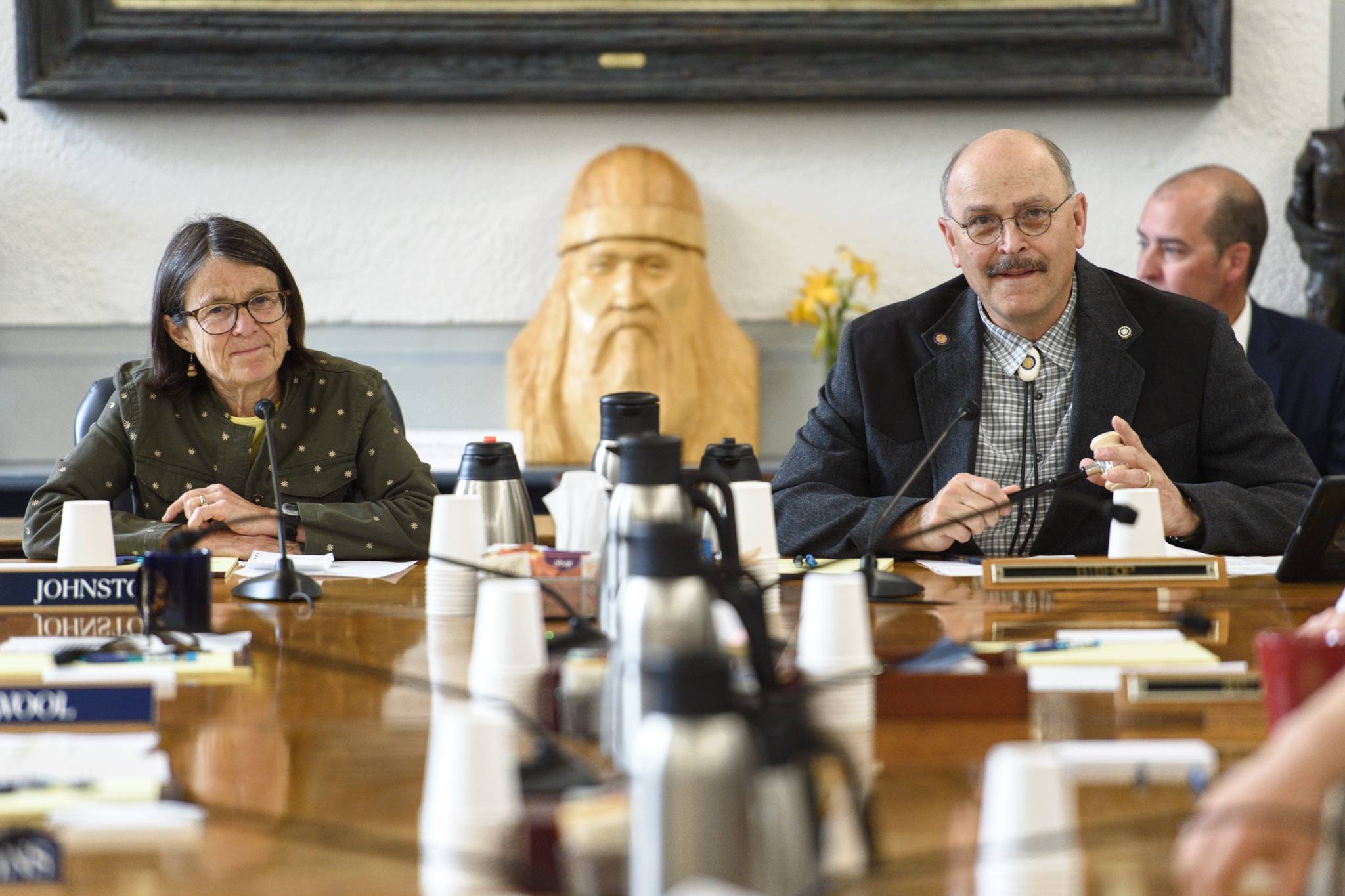Co-Chairs Rep. Jennifer Johnston, R-Anchorage, left, and Sen. Click Bishop, R-Fairbanks, prepare to gavel into a joint committee to work on the future of the Alaska Permanent Fund dividend at the Capitol on Wednesday. (Michael Penn/ Juneau Empire)
