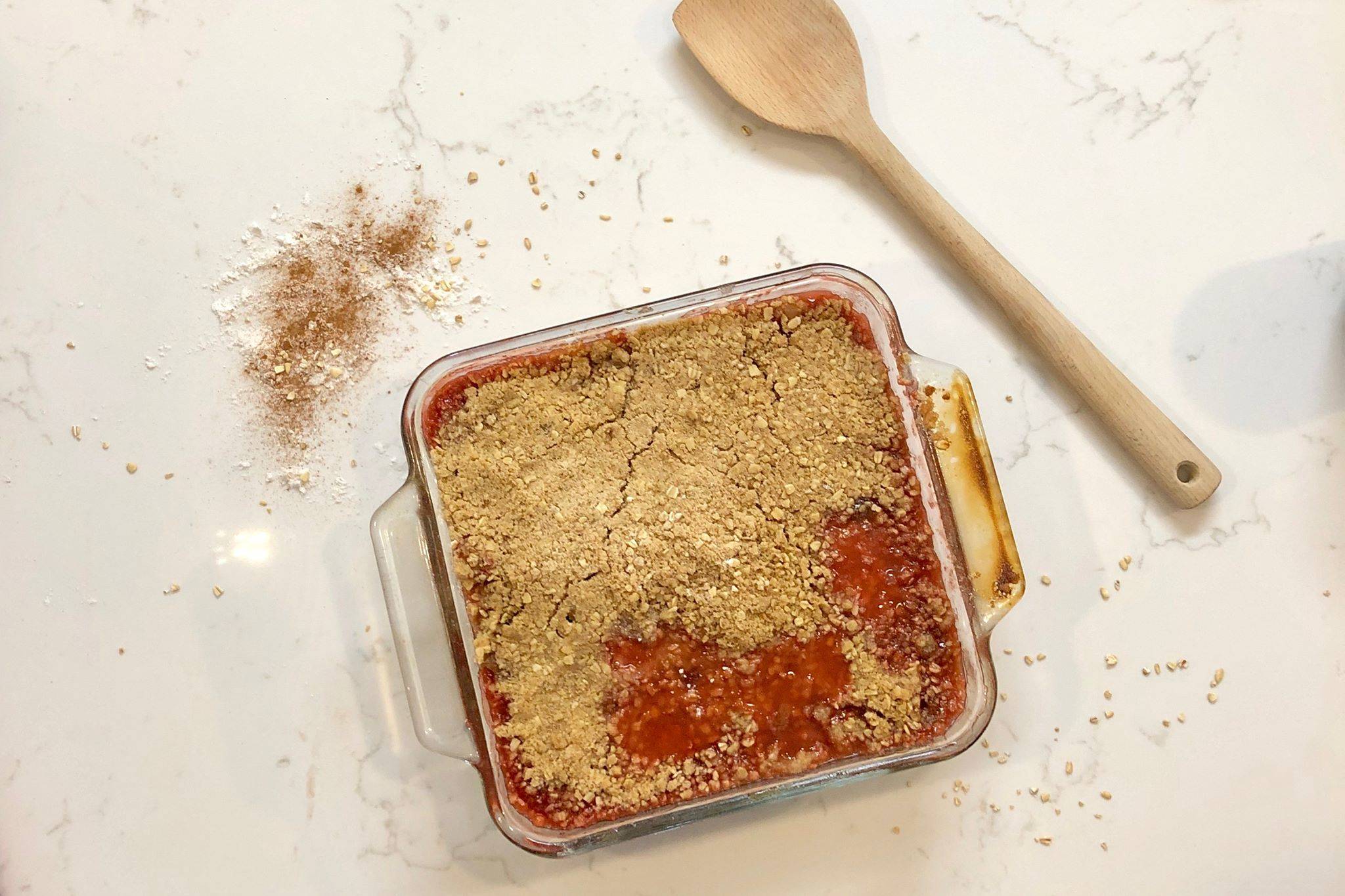 Rhubarb crumble is photographed on June 1, 2019, in Anchorage, Alaska. Rhubarb pairs well with sweet fruit like strawberries, and work well in desserts like strawberry rhubarb crumble. (Photo by Victoria Petersen/Peninsula Clarion)