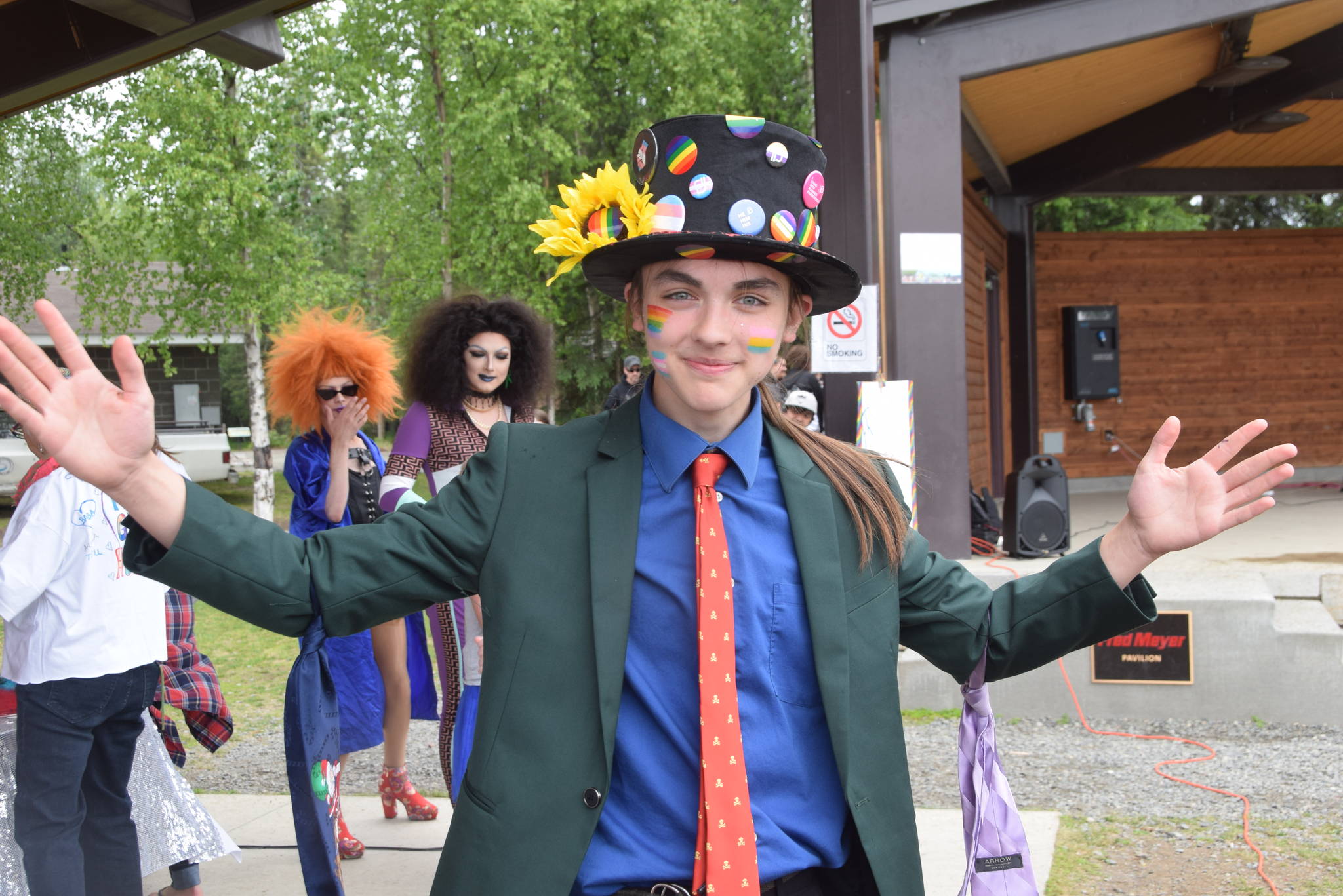 Kaegan Koski strikes a pose during the 2019 Soldotna Pride Celebration in Soldotna Creek Park on Saturday, June 15, 2019. (Photo by Brian Mazurek/Peninsula Clarion)