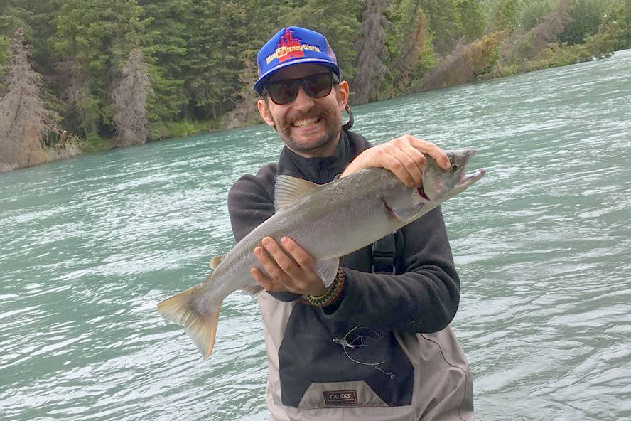 Geoff Grier shows off his catch on Saturday, June 15, 2019 on the Upper Kenai River. (Photo courtesy of Shelby Harris)