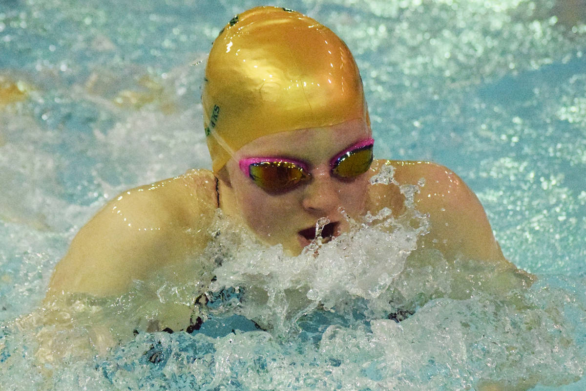 Seward’s Lydia Jacoby races to victory in the girls 100-yard breaststroke final Oct. 27, 2018, at the Northern Lights Conference championship swim meet at Homer High School. (Photo by Joey Klecka/Peninsula Clarion)