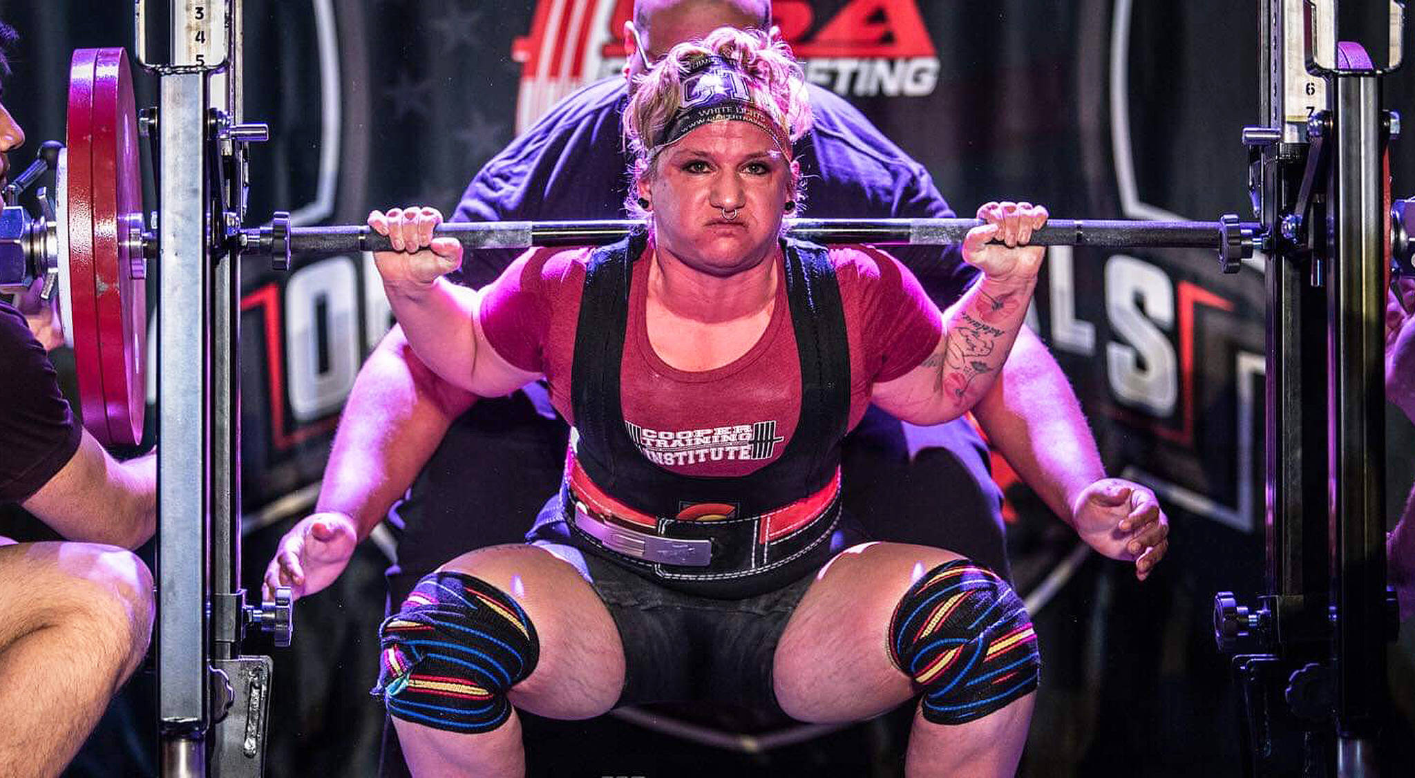 Nikiski powerlifter Billie Denison pushes through a squat lift at the USA Powerlifting Open Nationals May 10, 2019, in Lombard, Illinois. (Photo courtesy 9for9 Media)