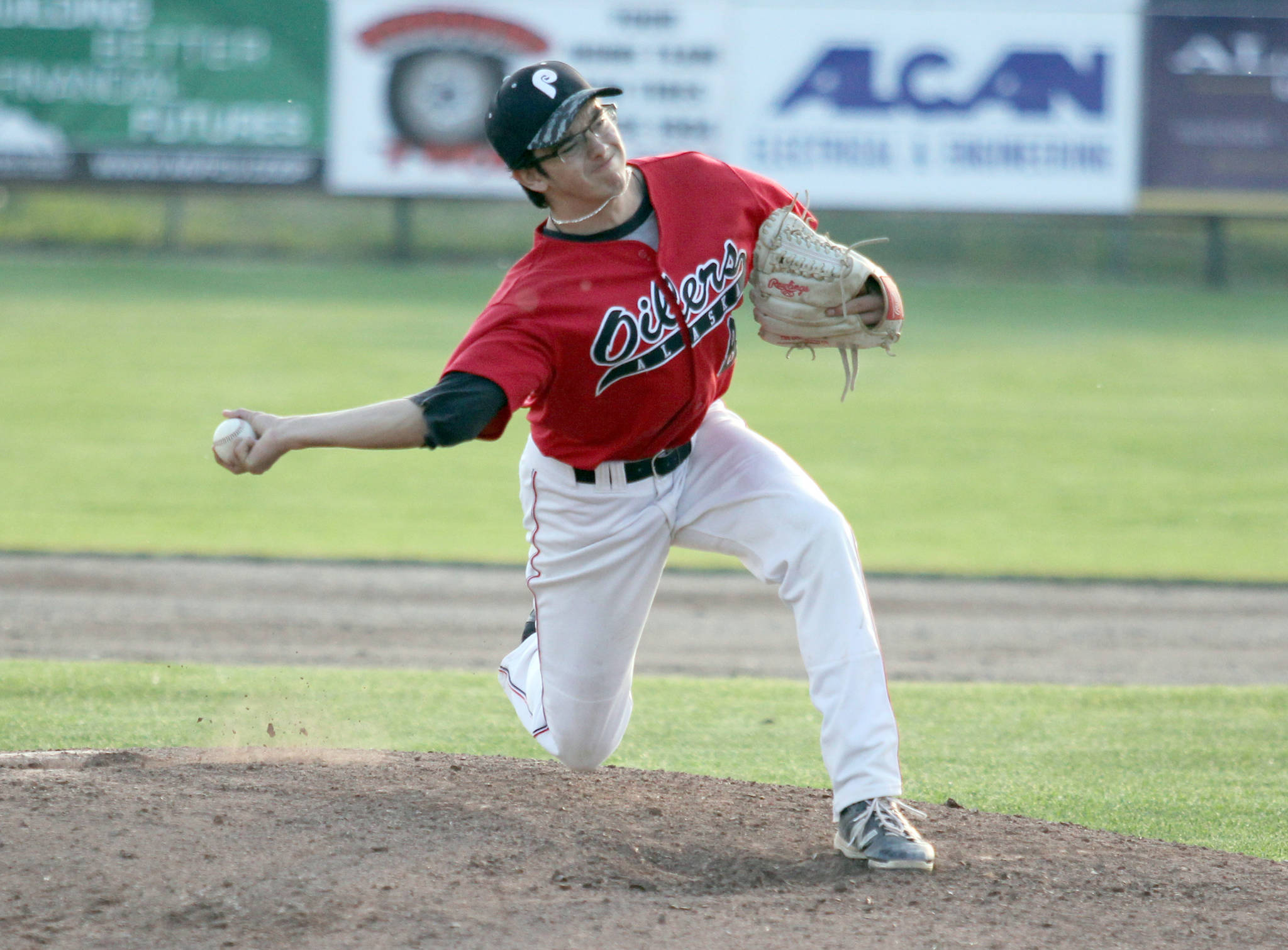 Steven Ordorica of the Peninsula Oilers fires a pitch during an 11-5 loss to the Mat-Su Miners on Friday in Palmer. (Photo by Jeremiah Bartz/Frontiersman)
