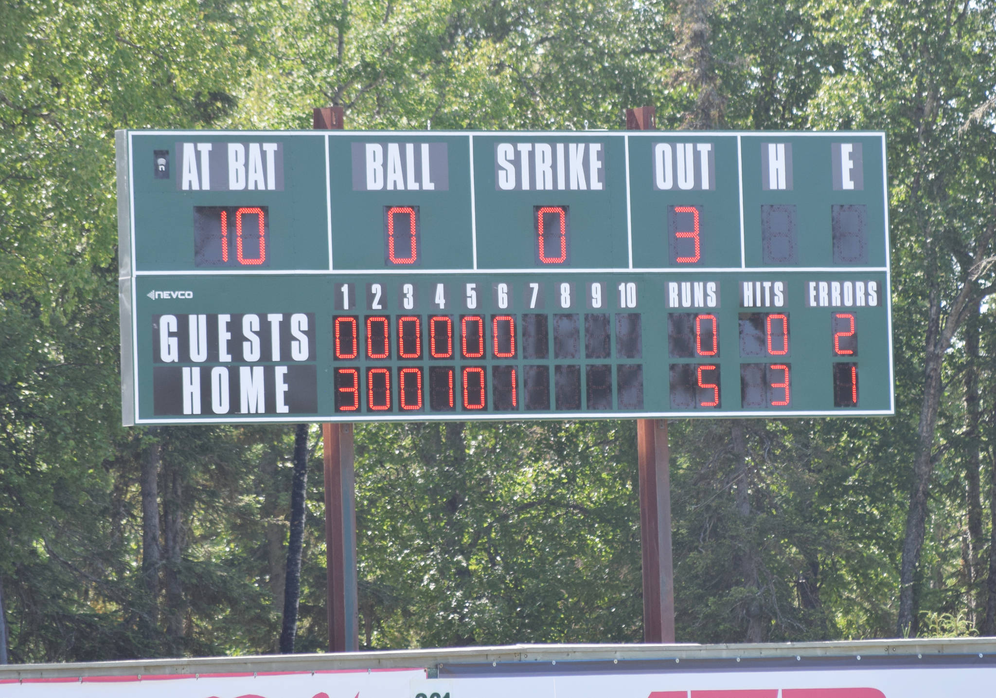 The scoreboard at Coral Seymour Memorial Park in Kenai, Alaska, immediately after Logan Smith and Harrison Metz of the Post 20 Twins no-hit Dimond on Sunday, June 23, 2019. (Photo by Jeff Helminiak/Peninsula Clarion)