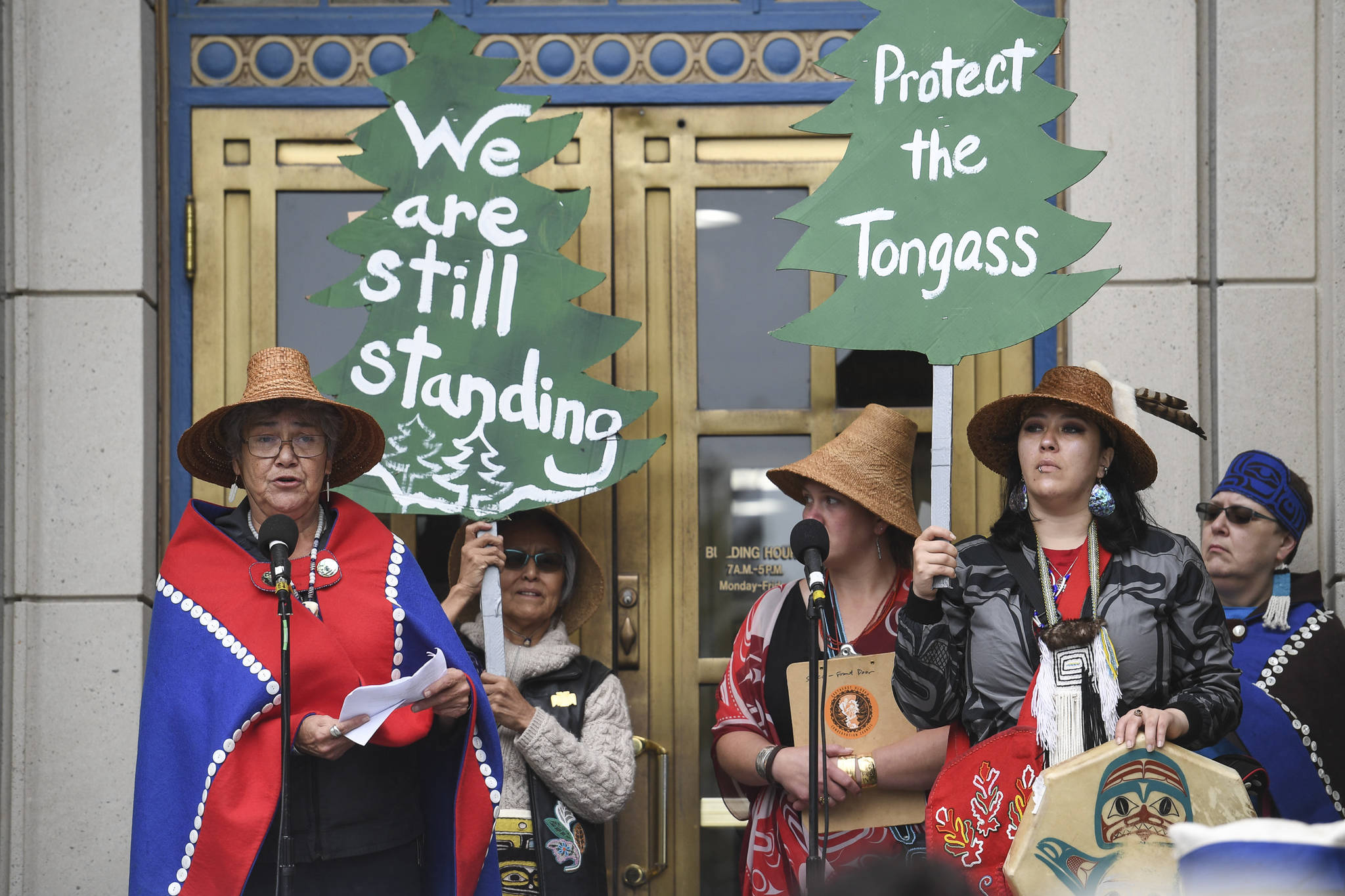 Wanda “Kashudoha” Loescher Culp, Tlingit activist and WECAN Tongass coordinator, speaks during a Tongass Rally to show local support for the 2001 National Roadless Rule in front of the Alaska State Capitol on Saturday.                                <strong>Michael Penn | </strong>Juneau Empire