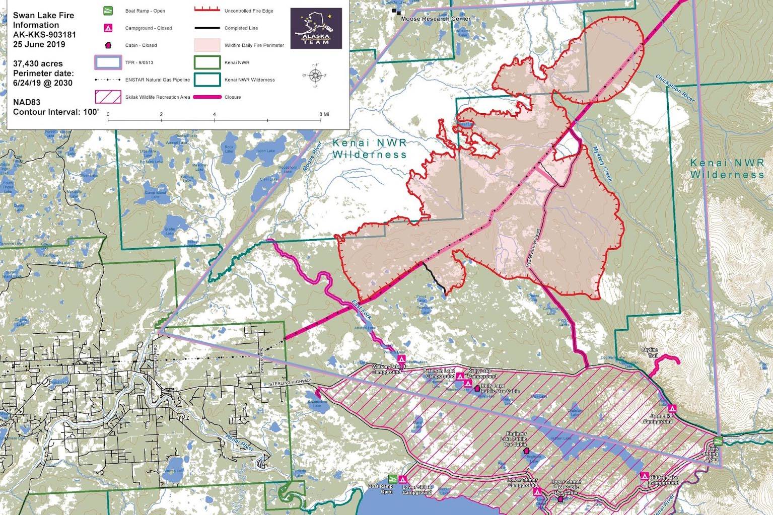 The extent of the Swan Lake Fire as of Tuesday, June 25, can be seen in this map provided by Kenai Peninsula Borough Office of Emergency Management. (Photo courtesy of Kenai Peninsula Borough Office of Emergency Management)