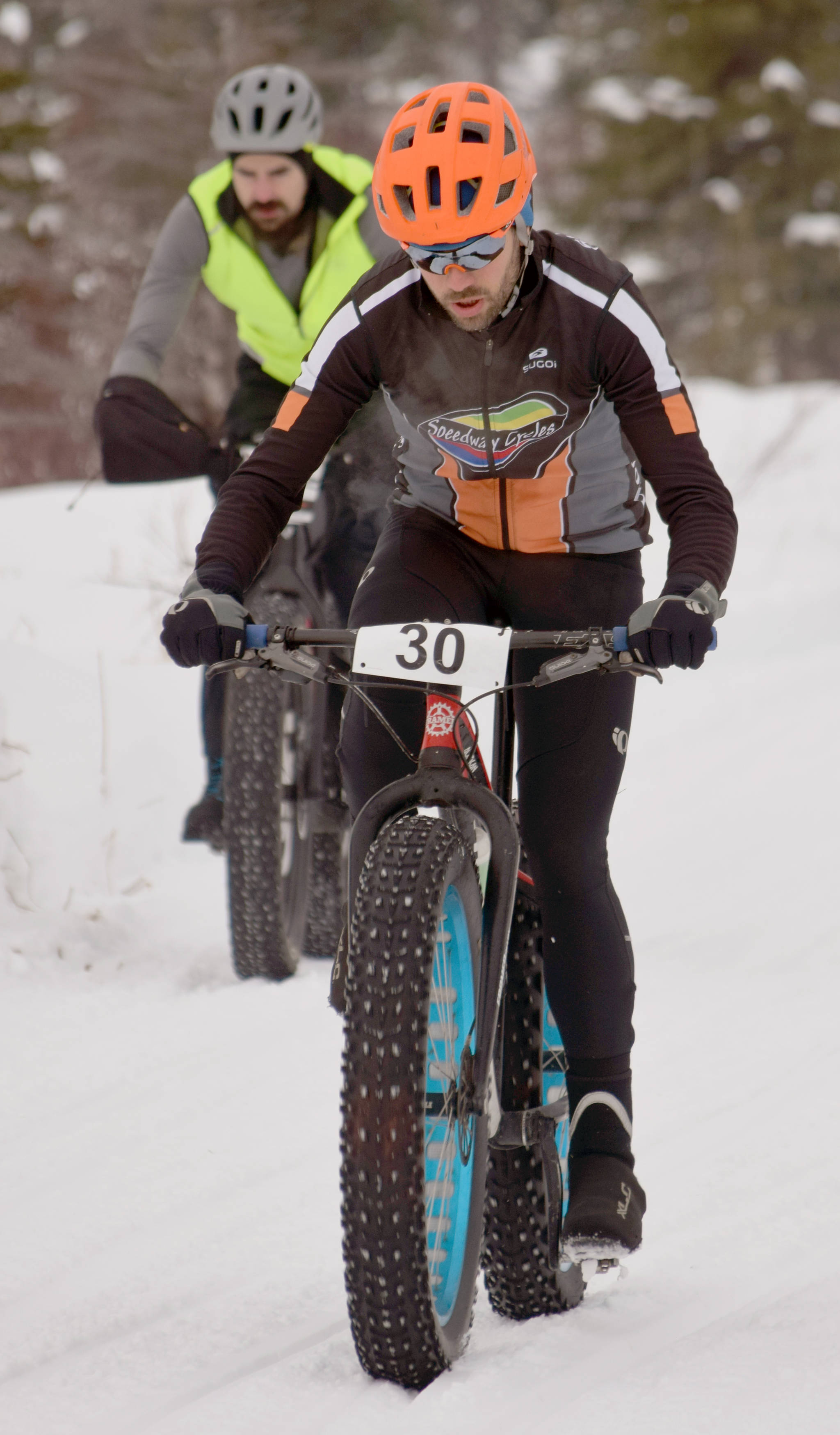 Chaz DiMarzio of Seward rides near the start of the Fat Freddieճ Bike Race and Ramble on Saturday, Feb. 9, 2019, in the Caribou Hills near Freddieճ Roadhouse. (Photo by Jeff Helminiak/Peninsula Clarion)