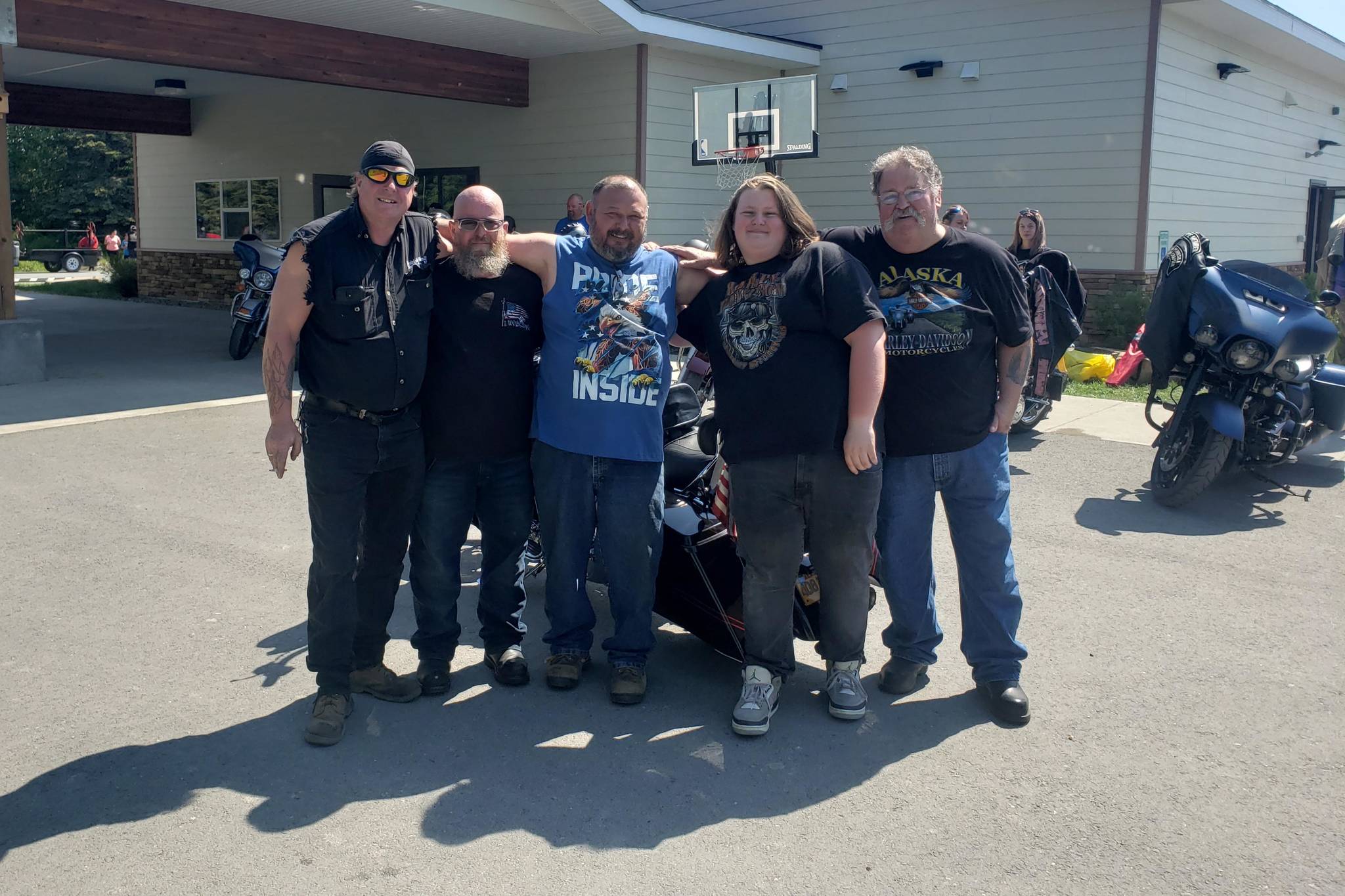 From left, Brad Conklin, Jeremy Gill, Kyle Lee, Owen Winfrey and Jerry Winfrey pose for a photo at Hope Community Resources in Soldotna, Alaska, during the First Annual Ride for Suicide Awareness and Prevention on Sunday, June 23, 2019. (Photo courtesy Kyle Lee)