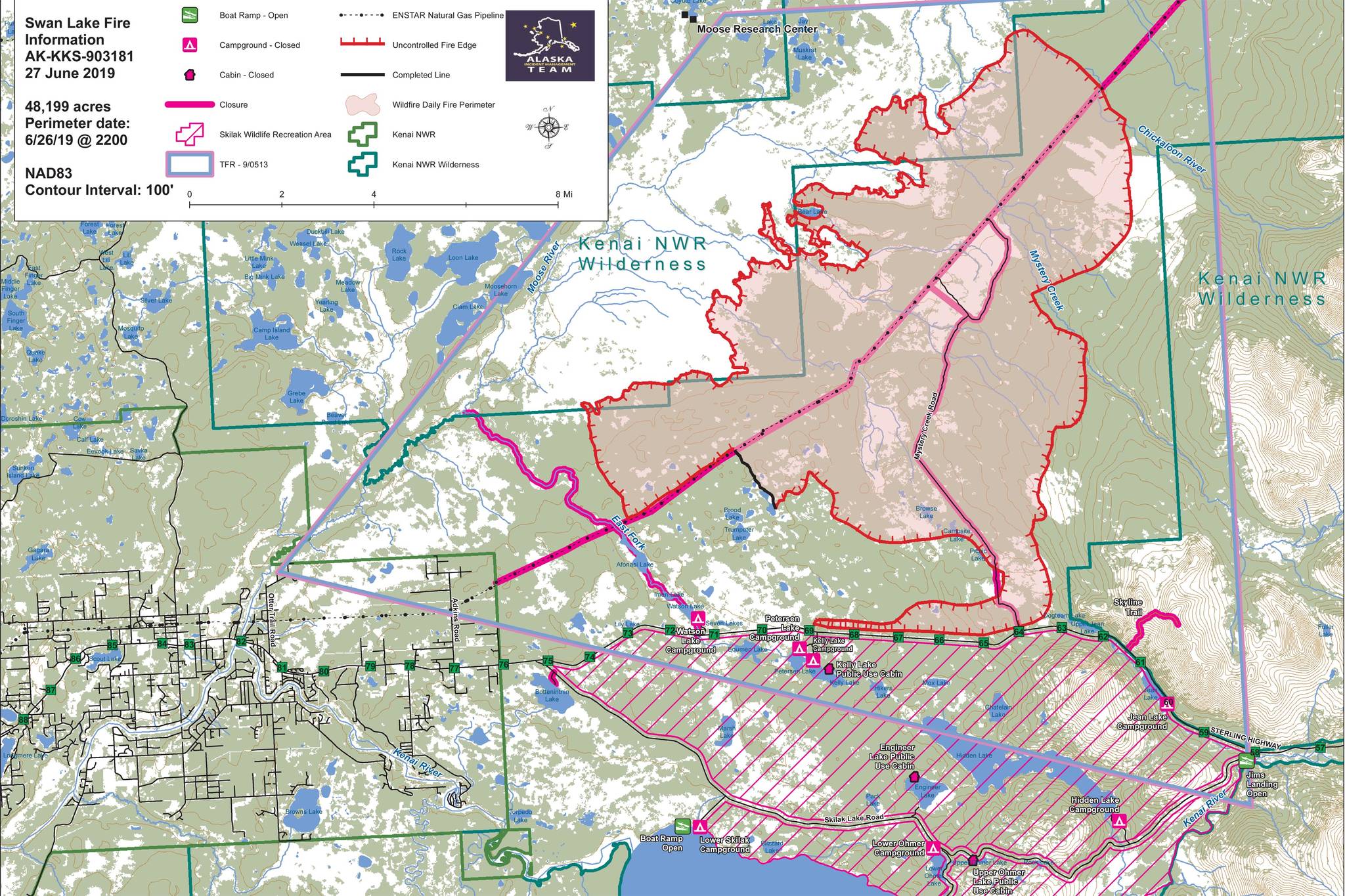 The map of the Swan Lake Fire in the Kenai National Wildlife Refuge as of June 27, 2019. (Courtesy Alaska Interagency Incident Management Team)