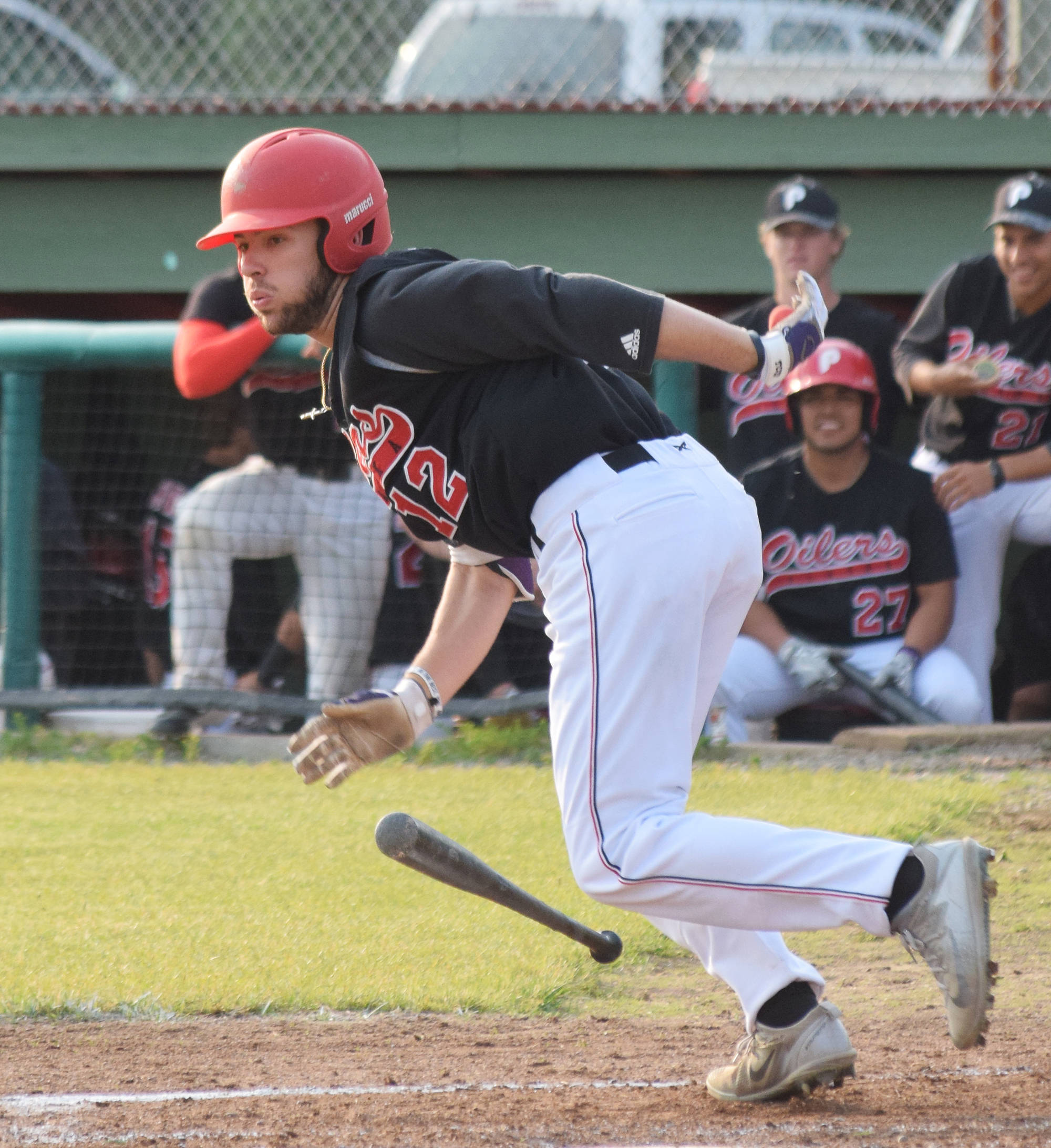 Peninsula Oilers’ batter Bobby Goodloe lays down a bunt against the Anchorage Glacier Pilots Friday, June 28, 2019, at Coral Seymour Memorial Park in Kenai. (Photo by Joey Klecka/Peninsula Clarion)