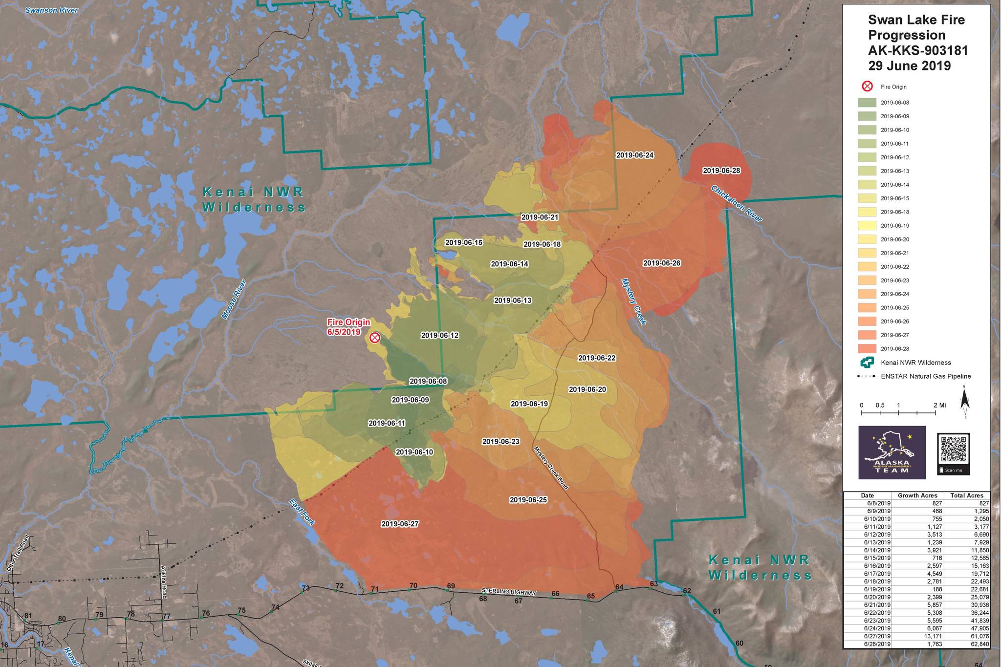 A map of the Swan Lake Fire’s progression as of June 29,2019. (Courtesy Alaska Incident Management Team)