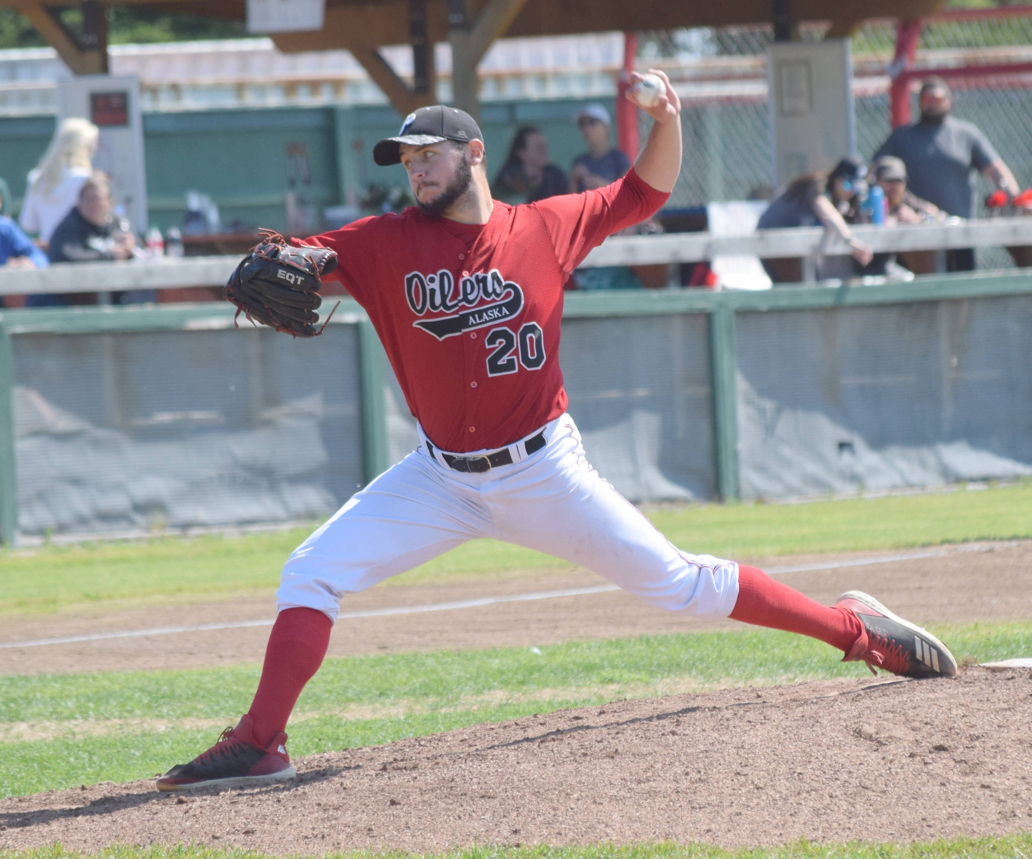 Peninsula Oilers starter Eric Reardon delivers to the Anchorage Glacier Pilots on Sunday, June 30, 2019, at Coral Seymour Memorial Park in Kenai, Alaska. (Photo by Jeff Helminiak/Peninsula Clarion)
