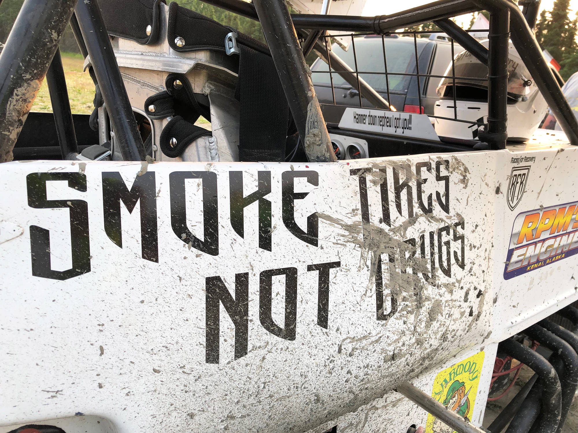The No. 29 Sprint Car of Aaron McGahan features the slogan, “Smoke Tires, Not Drugs”, Saturday, June 29, 2019, before a heat race at Twin Cities Raceway in Kenai, Alaska. (Photo by Joey Klecka/Peninsula Clarion)