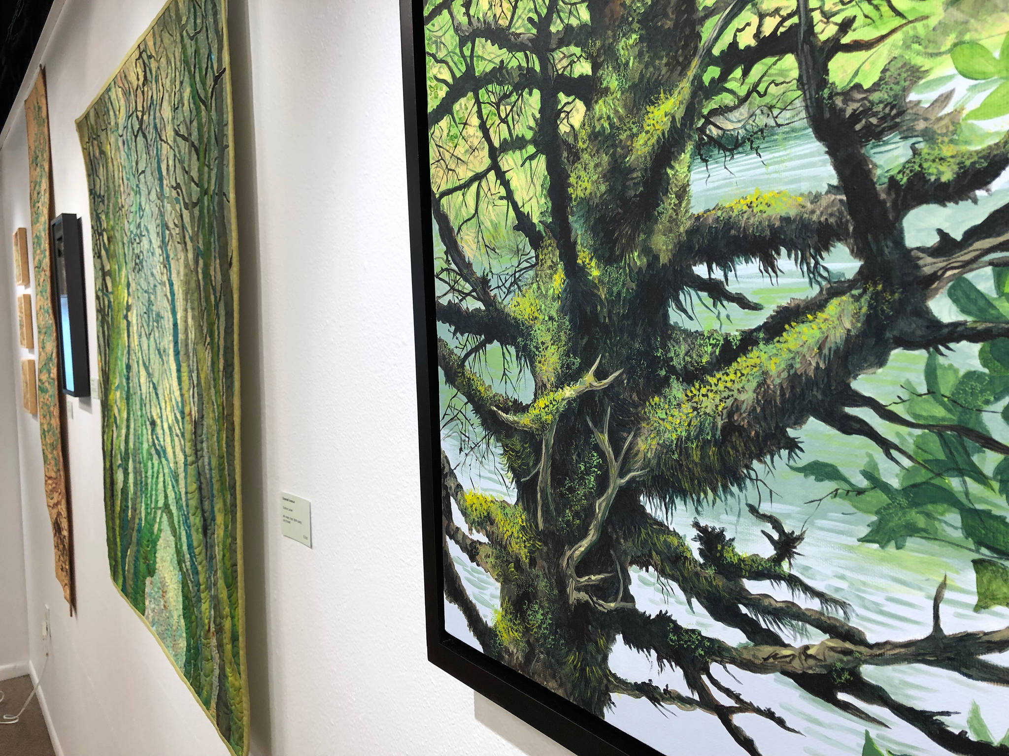 “Mossy Tree at Williwaw,” an acrylic painting by Chelline Larsen, hangs Tuesday at the Kenai Fine Art Center in Kenai. (Photo by Joey Klecka/Peninsula Clarion)