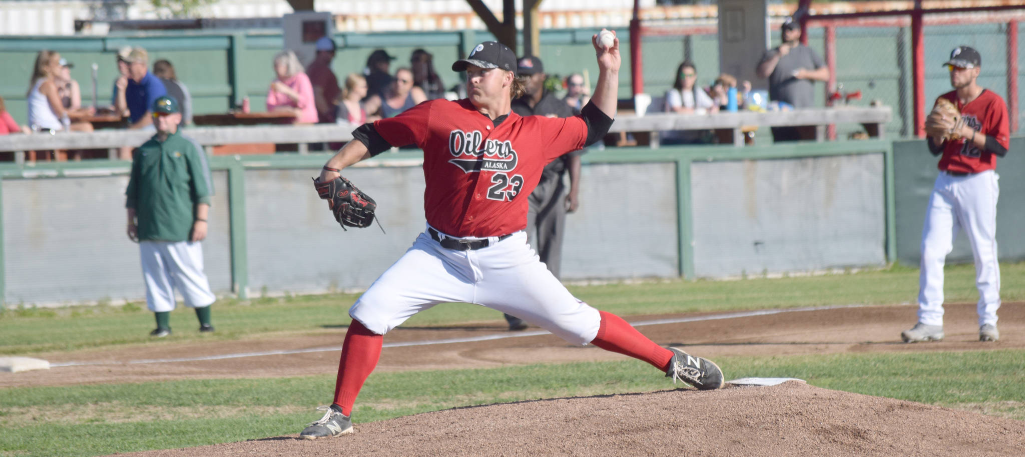 Peninsula Oilers pitcher Connor McCord delivers to the Mat-Su Miners on Wednesday, July 3, 2019, at Coral Seymour Memorial Park in Kenai, Alaska. (Photo by Jeff Helminiak/Peninsula Clarion)