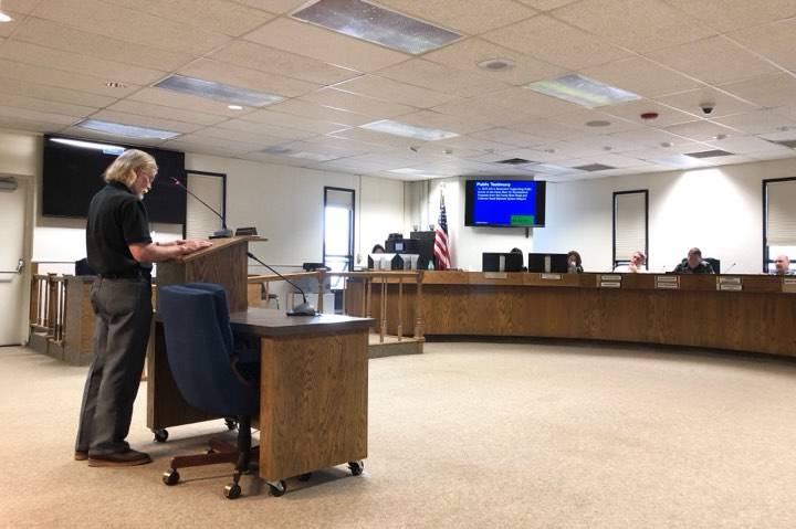 Funny River resident Michael Masters speaks in support of a Funny River boat launch facility, at the Kenai Peninsula Borough Assembly meeting on Tuesday, July 2, 2019, in Soldotna, Alaska. (Photo by Victoria Petersen/Peninsula Clarion)