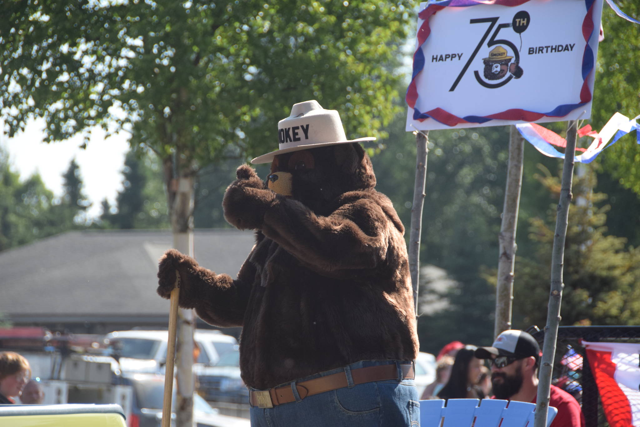 Smokey the Bear celebrates his 75th birthday during the July 4th parade in Kenai, Alaska. (Photo by Brian Mazurek/Peninsula Clarion)