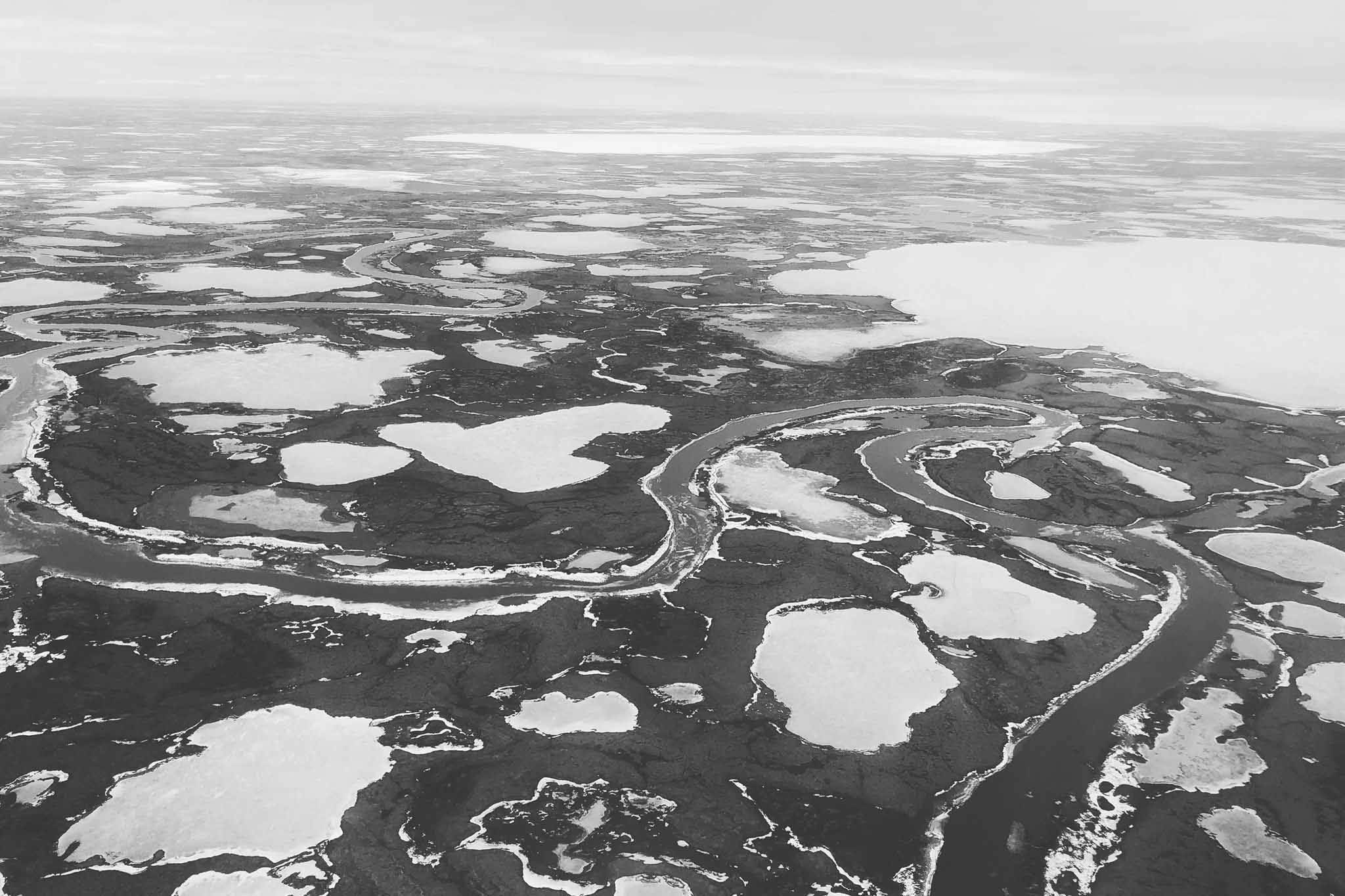 Flying over western Alaska, home to numerous Yup’ik communities, April 15, 2019. (Photo by Victoria Petersen/Peninsula Clarion)