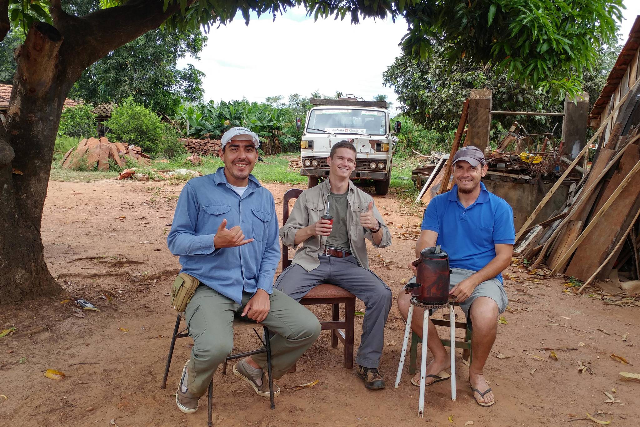From left, Ramón Ferreira, Brandon Gustafson and Antonio Ramirez smile for the camera in San Cosme Y Damián, Itapuá District, Paraguay in this undated photo. Gustafson is a Peace Corps volunteer who has helped tour guides Ferreira and Ramirez develop and promote sustainable eco-tourism in San Cosme. (Courtesy Brandon Gustafson)