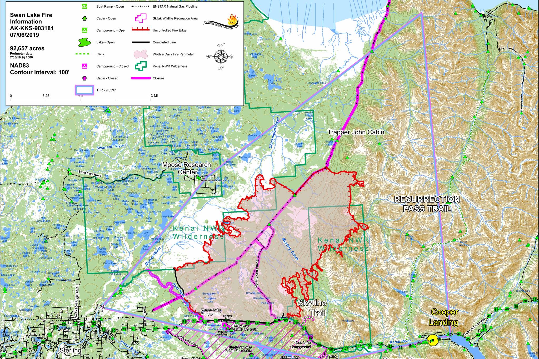 A map of the Swan Lake Fire on the Kenai Peninsula as of July 6, 2019. (Courtesy Northwest 13 Incident Management Team)