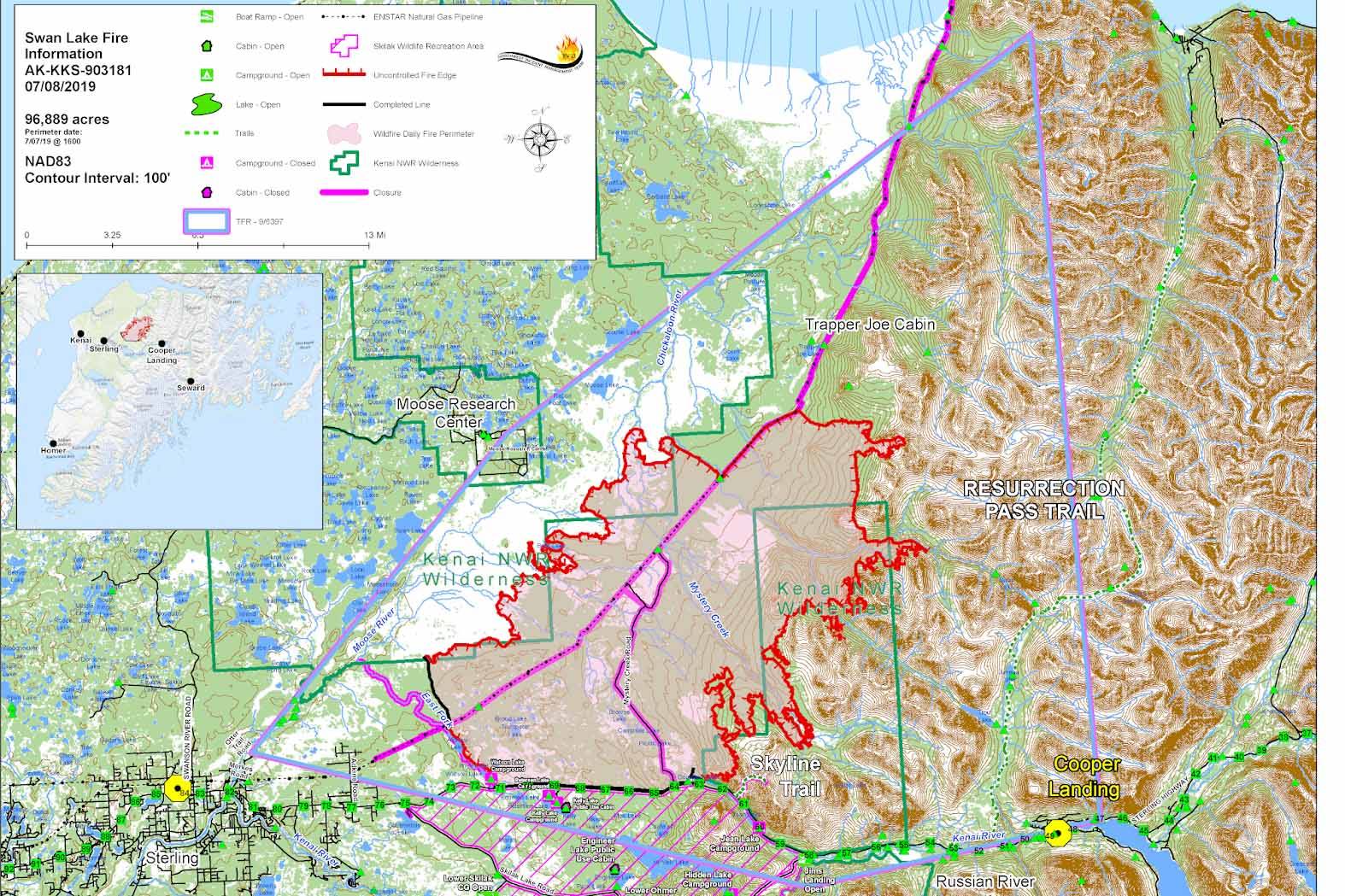A map shows the extent of the Swan Lake Fire as of Monday, July 8, 2019, which has grown to 96,889 acres on the Kenai Peninsula. (Courtesy Northwest Incident Management Team)