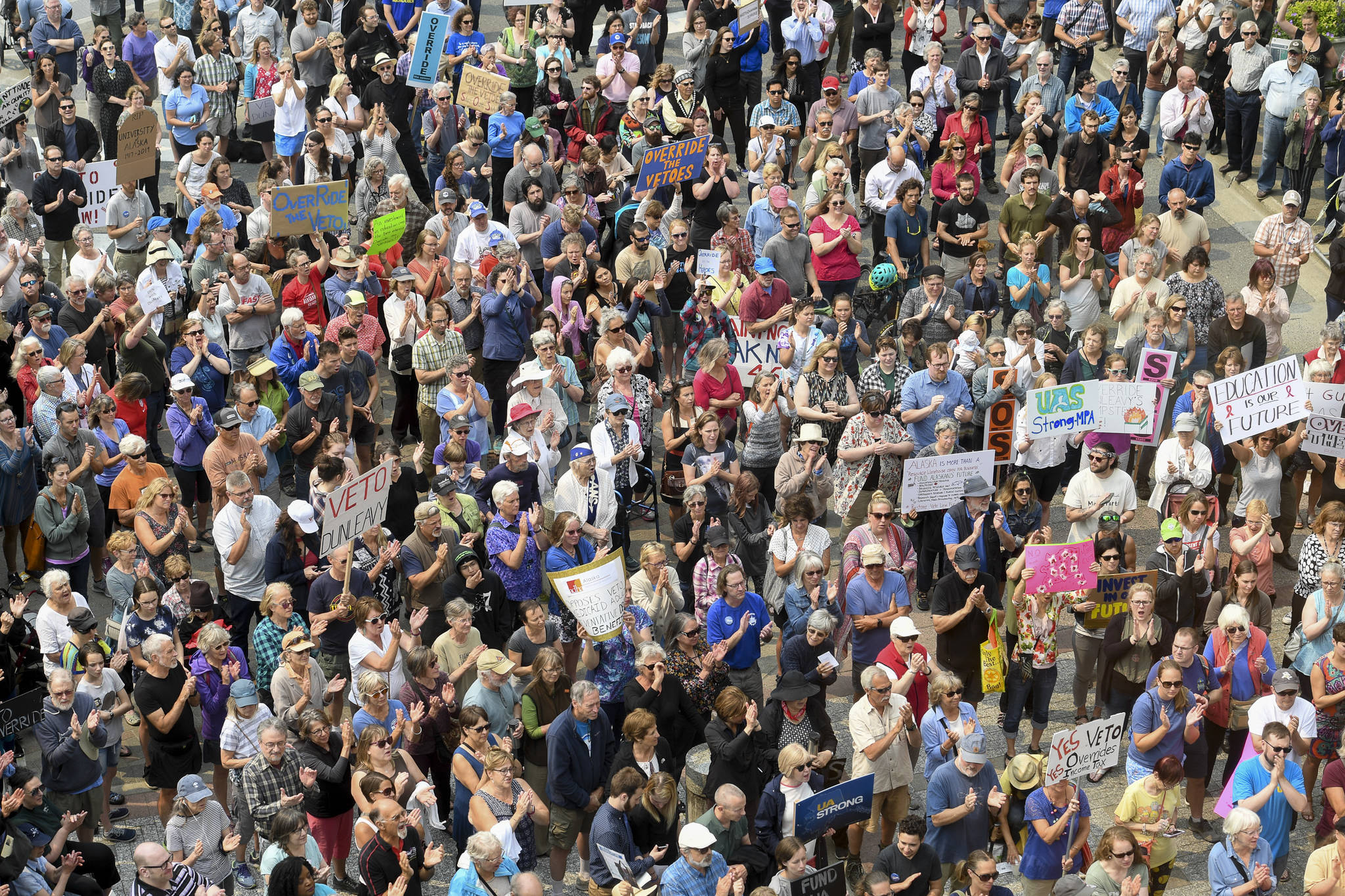 Michael Penn | Juneau Empire                                Hundreds attend a rally in front of the Capitol calling for an override of Gov. Mike Dunleavy’s budget vetoes on the first day of the Second Special Session of the Alaska Legislature in Juneau on Monday.