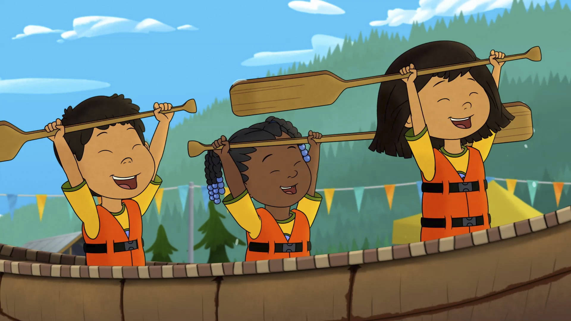 PBS                                This image released by PBS shows characters, from left, Tooey, voiced by Sequoia Janvier, Trini, voiced by Vienna Leacock and Molly, voiced by Sovereign Bill, in a scene from the animated series “Molly of Denali.” The animated show, which highlights the adventures of a 10-year-old Athabascan girl, Molly Mabray, premieres July 15 on PBS Kids.