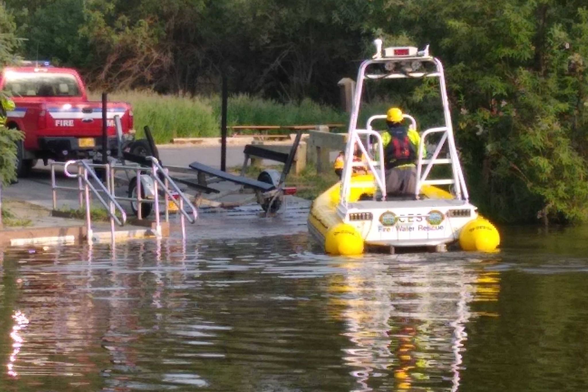 Central Emergency Services respond to the scene of a drowning on the Moose River Monday evening in Sterling . (Photo courtesy Sonya Childs)