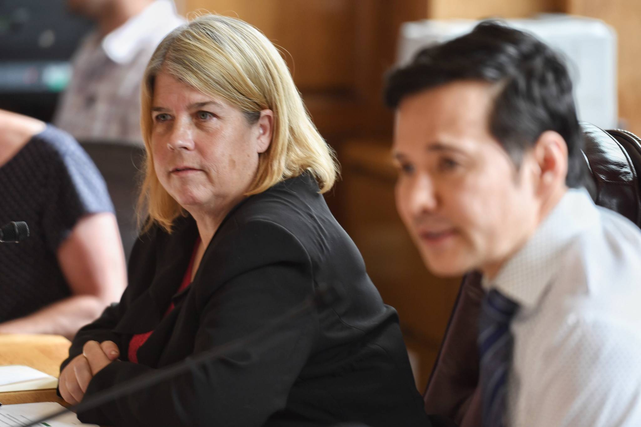 Michael Penn | Juneau Empire                                House Finance Committee Co-Chairs Rep. Tammie Wilson, R-North Pole, and Rep. Neal Foster, D-Nome, listen to testimony on Tuesday at the Capitol about how Gov. Mike Dunleavy’s budget vetoes will effect local communities around the state.