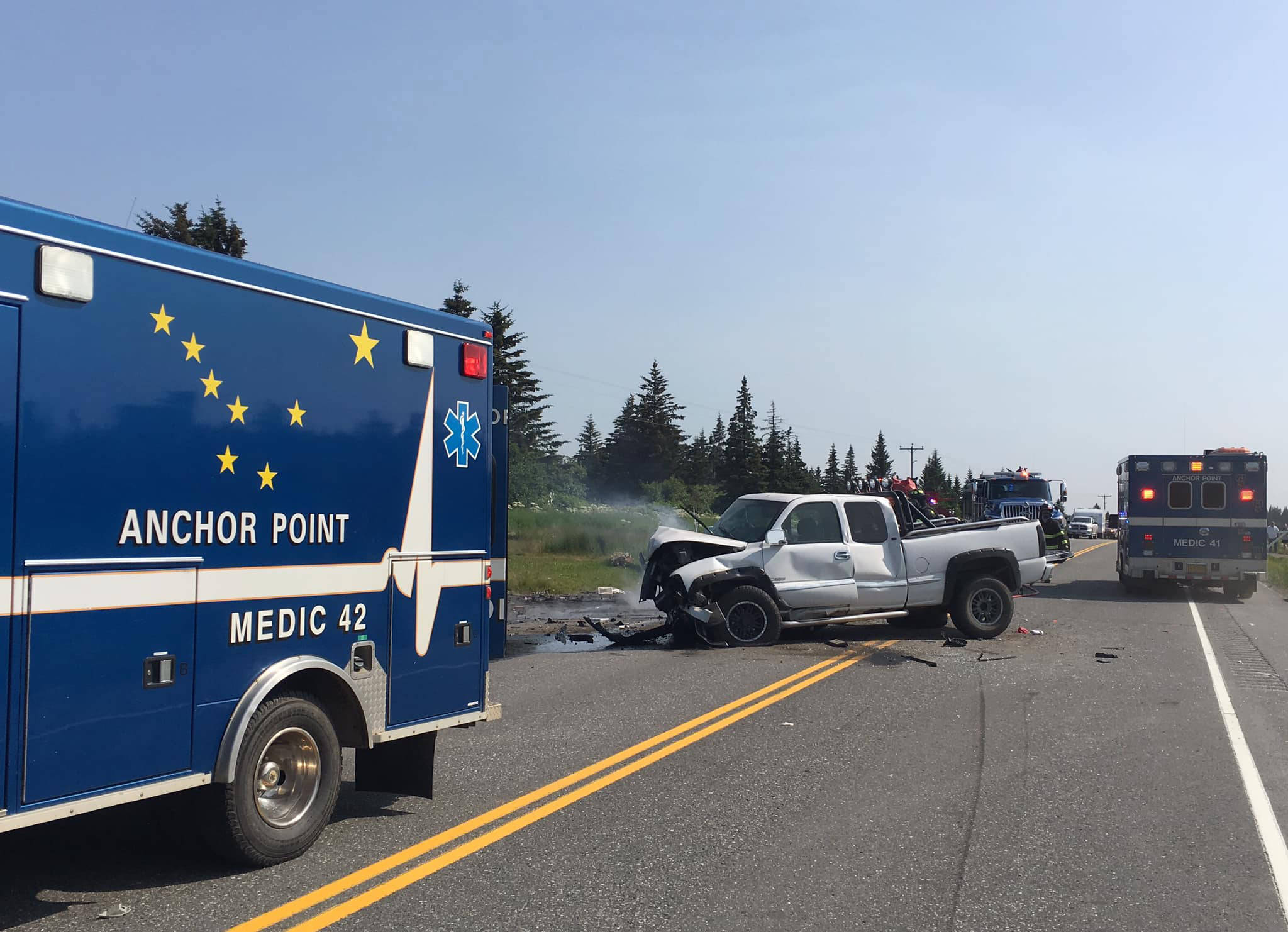 Jon Marsh / Anchor Point Fire and EMS                                A pickup truck involved in a fatal car crash on July 7, 2019, rests on the side of the road near Mile 142 Sterling Highway, Happy Valley, Alaska.