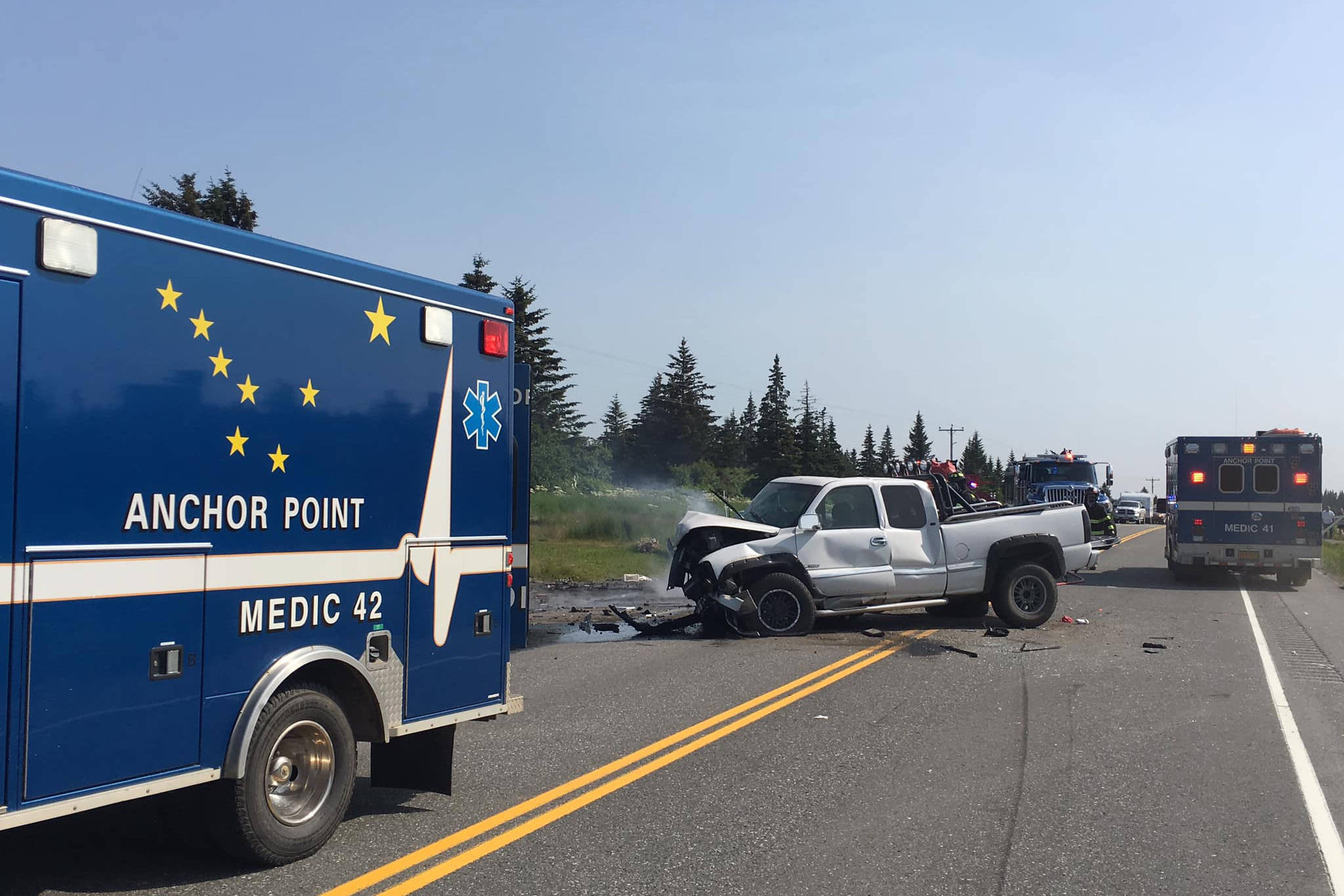 A pickup truck involved in a fatal car crash on July 7, 2019, rests on the side of the road near Mile 142 Sterling Highway, Happy Valley, Alaska. The pickup truck driver survived, but the driver of a second car involved in the crash, Michael Franklin, 18, of Homer, Alaska, died of his injuries. (Photo by Jon Marsh/Anchor Point Fire and EMS)