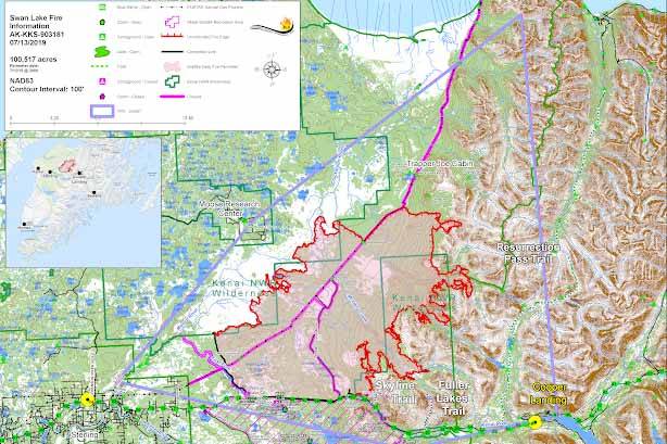 A map of the Swan Lake Fire as of July 13, 2019. (Photo by Brian Mazurek/Peninsula Clarion)