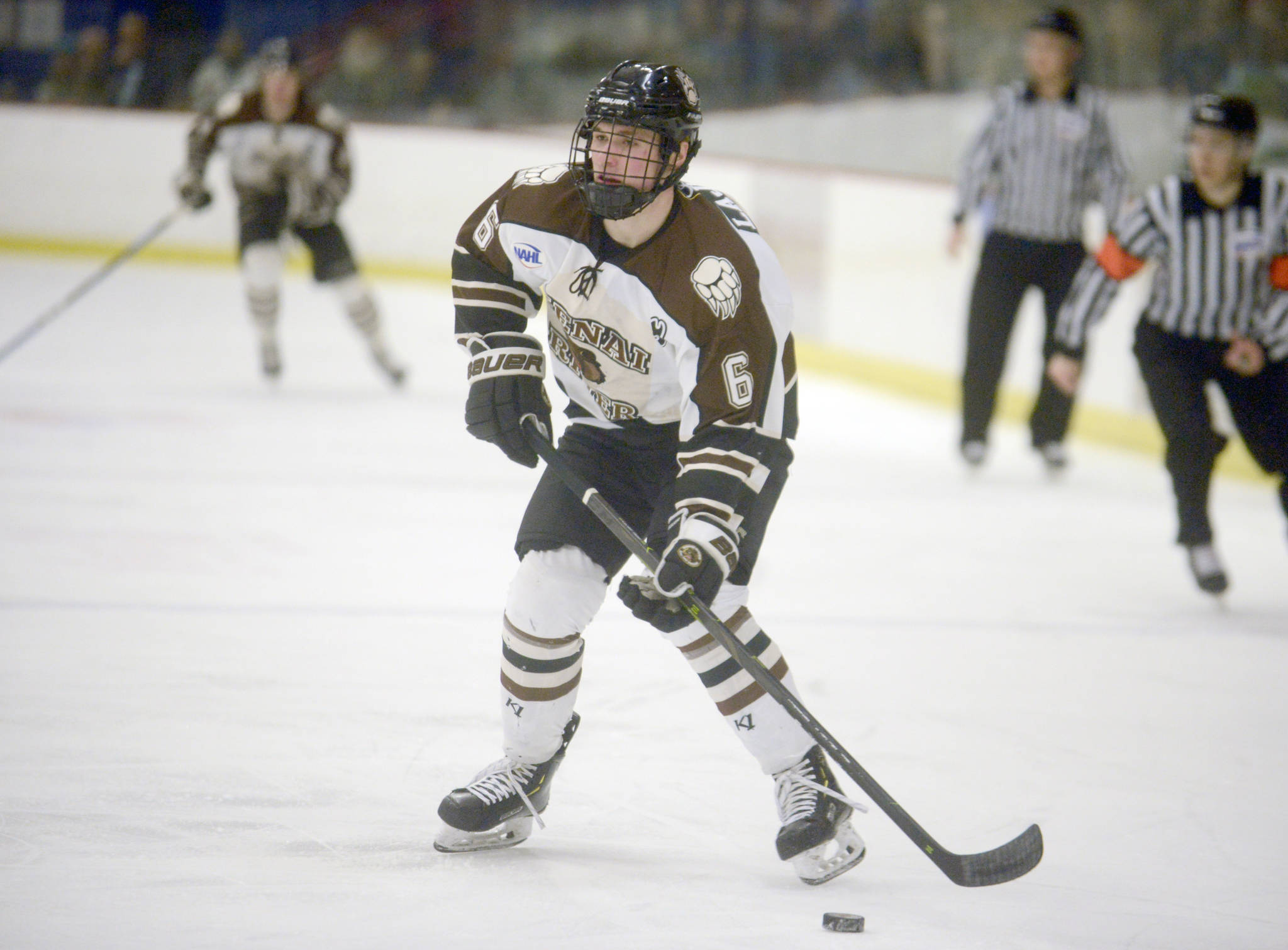 Kenai River Brown Bears forward Brandon Lajoie controls the puck against the Springfield (Illionis) Jr. Blues on Friday, Jan. 18, 2019, at the Soldotna Regional Sports Comlex. (Photo by Jeff Helminiak/Peninsula Clarion)