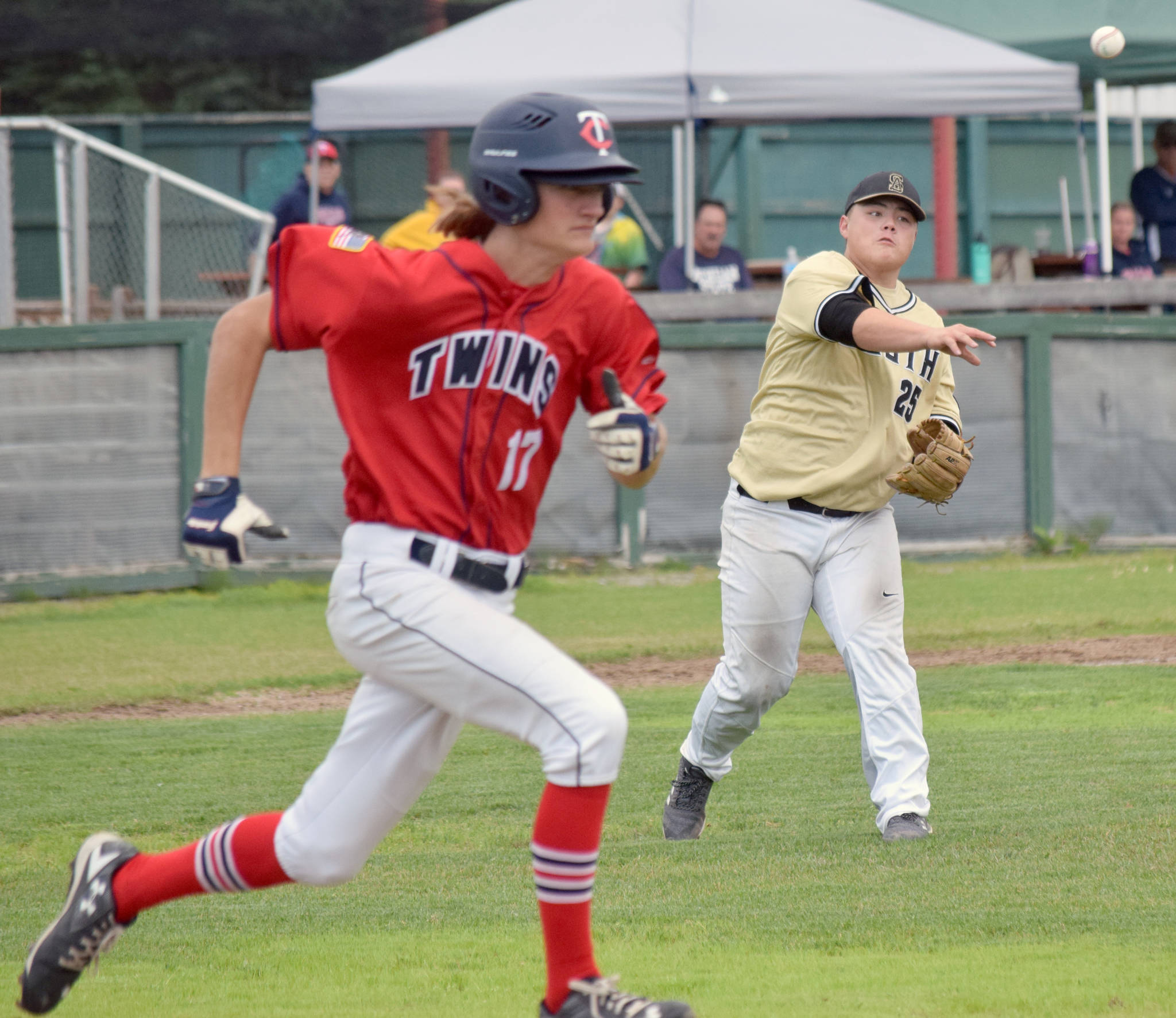 South pitcher Terren Sugita retires Twins left fielder Davey Belger after his sacrifice bunt on Monday, July 15, 2019, at Coral Seymour Memorial Park in Kenai, Alaska. (Photo by Jeff Helminiak/Peninsula Clarion)