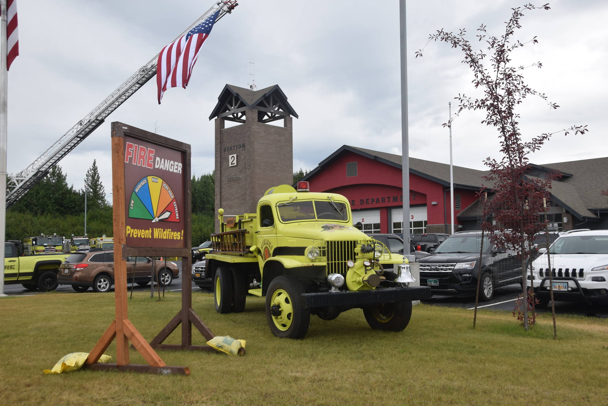 A 1944 Chevy, the Nikiski Fire Department’s first vehicle, sits outside of Fire Station #2 during the department’s 50th anniversary celebration in Nikiski, Alaska on July 15, 2019. (Photo by Brian Mazurek/Peninsula Clarion)