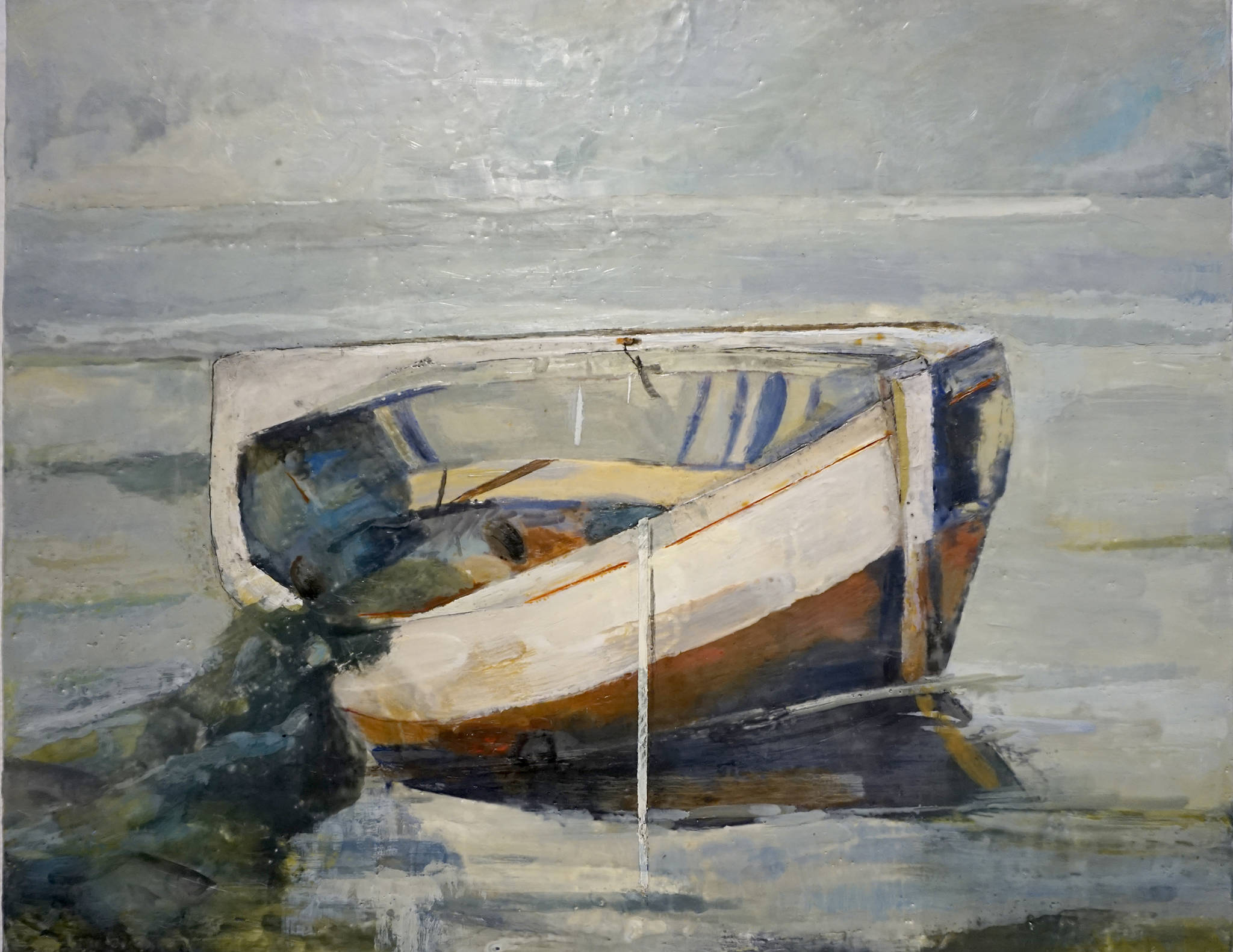 Antoinette Walker ‘s “Beached” is one of the encaustic paintings in her July 2019 show at Bunnell Street Arts Center in Homer, Alaska. (Photo by Michael Armstrong/Homer News)