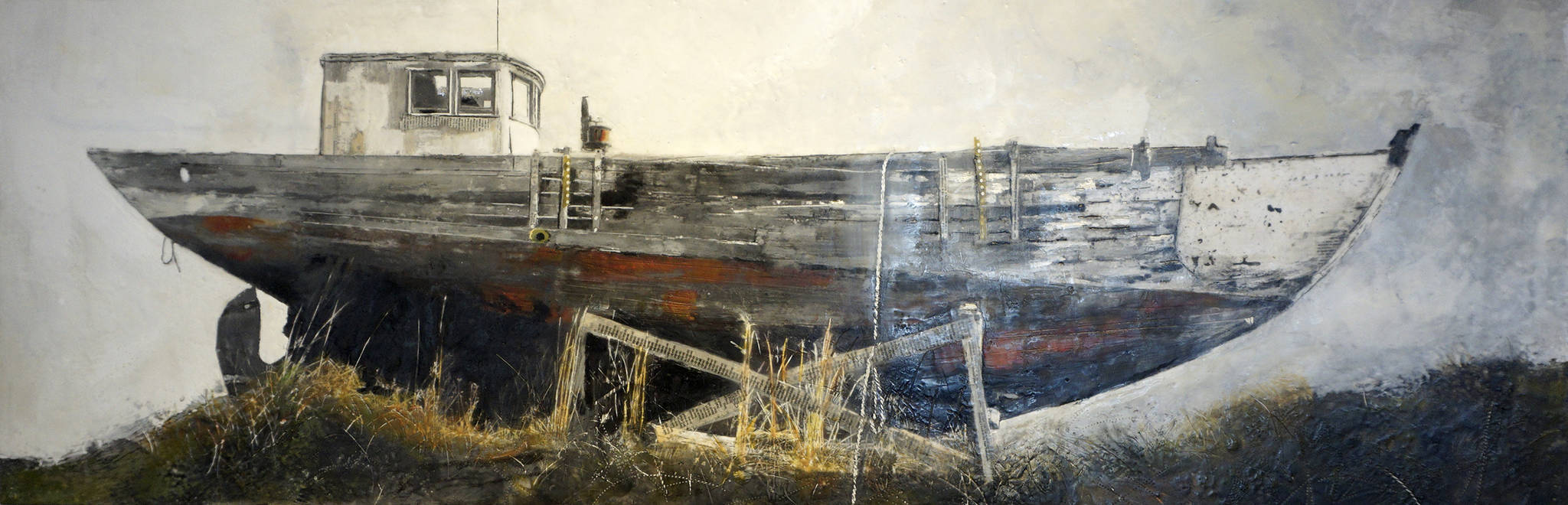 This painting of a Homer boat, “Altair,” is part of Antoinette Walker ‘s exhibit of encaustic paintings in her July 2019 show at Bunnell Street Arts Center in Homer, Alaska. (Photo by Michael Armstrong/Homer News)